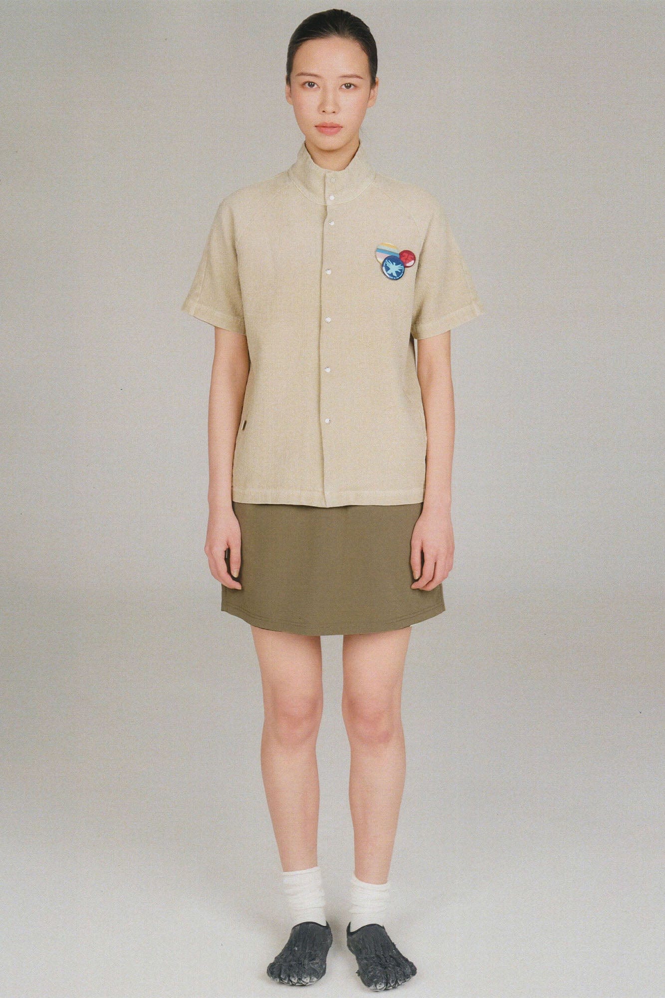 URBAN+FOREST Washed Waffle Stand Collar Half Shirt
