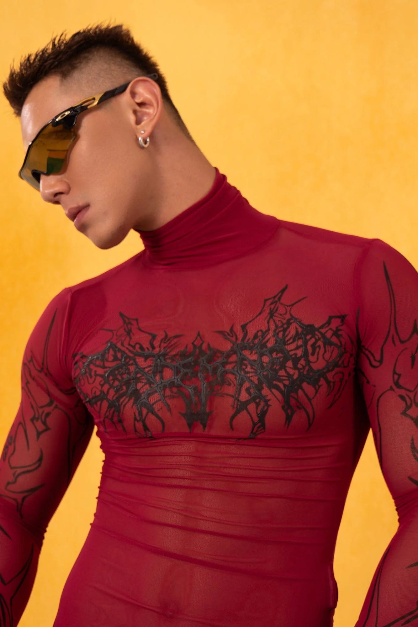 CLP Abstract Graphic Mesh Sheer Slim Turtleneck