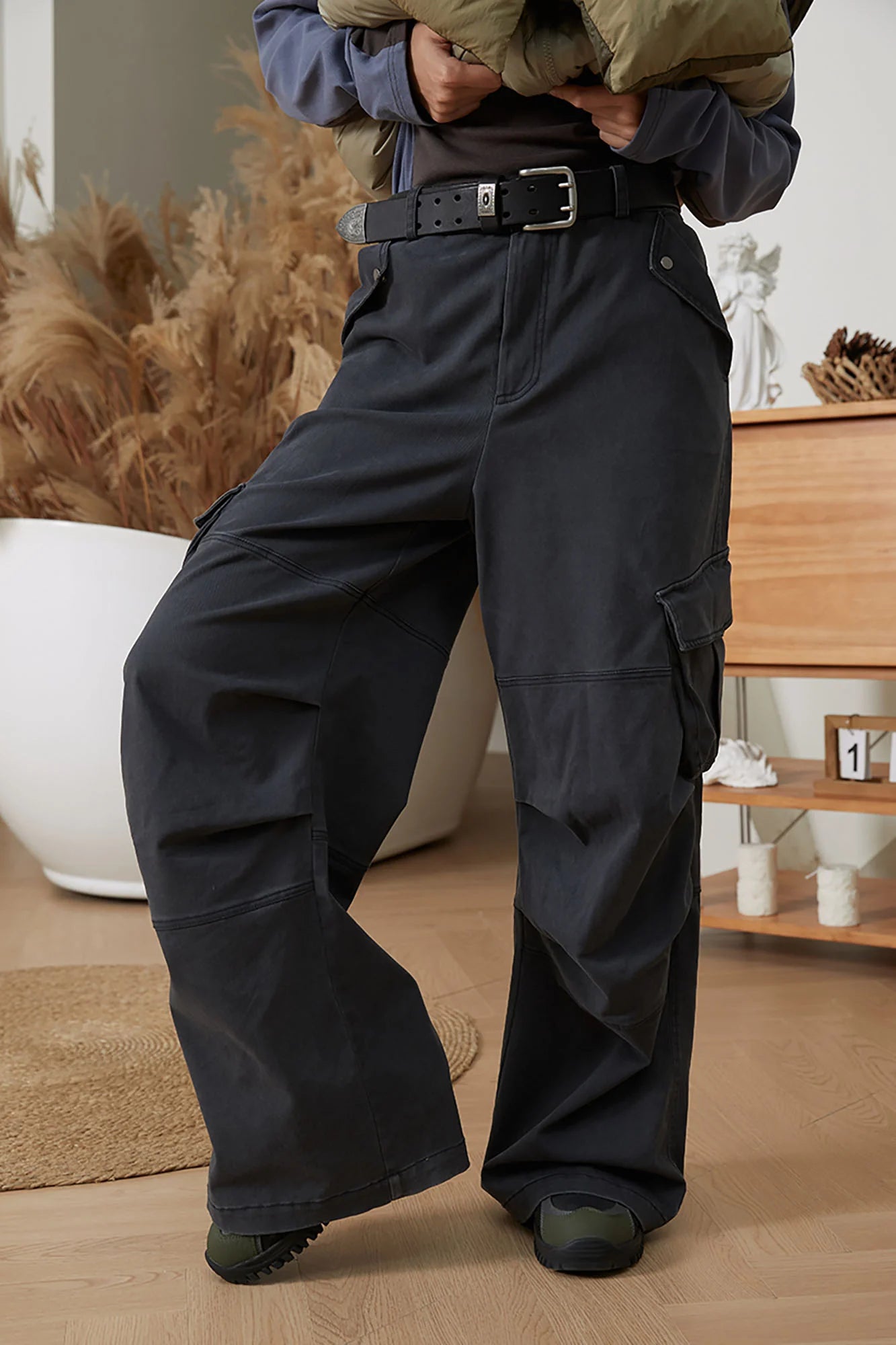 ERROR CODE ROBOT Pleated Knee Slant-Pockets Cargo Pants