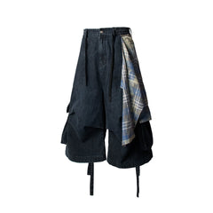 RELABEL Detachable Plaid Drape Denim Shorts
