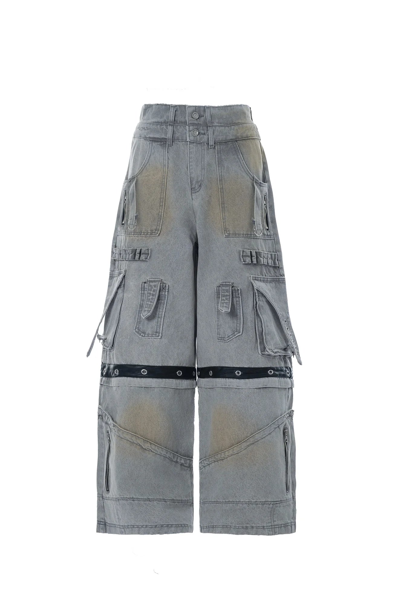 MOGONGSHE Detachable Bleach Washed Utility Cargo Jeans