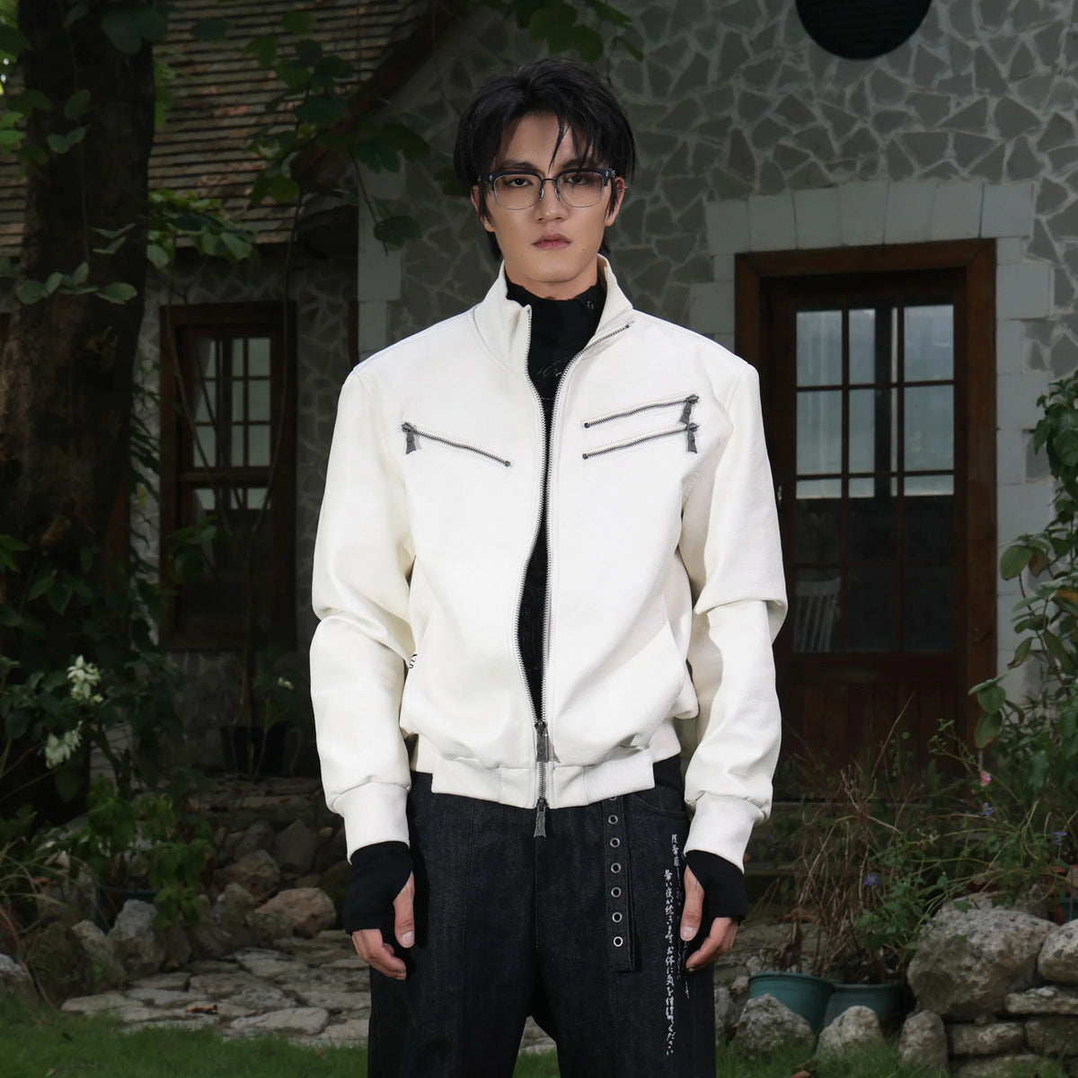 FLYERRER Thorned Eye Graphic Faux Leather Jacket