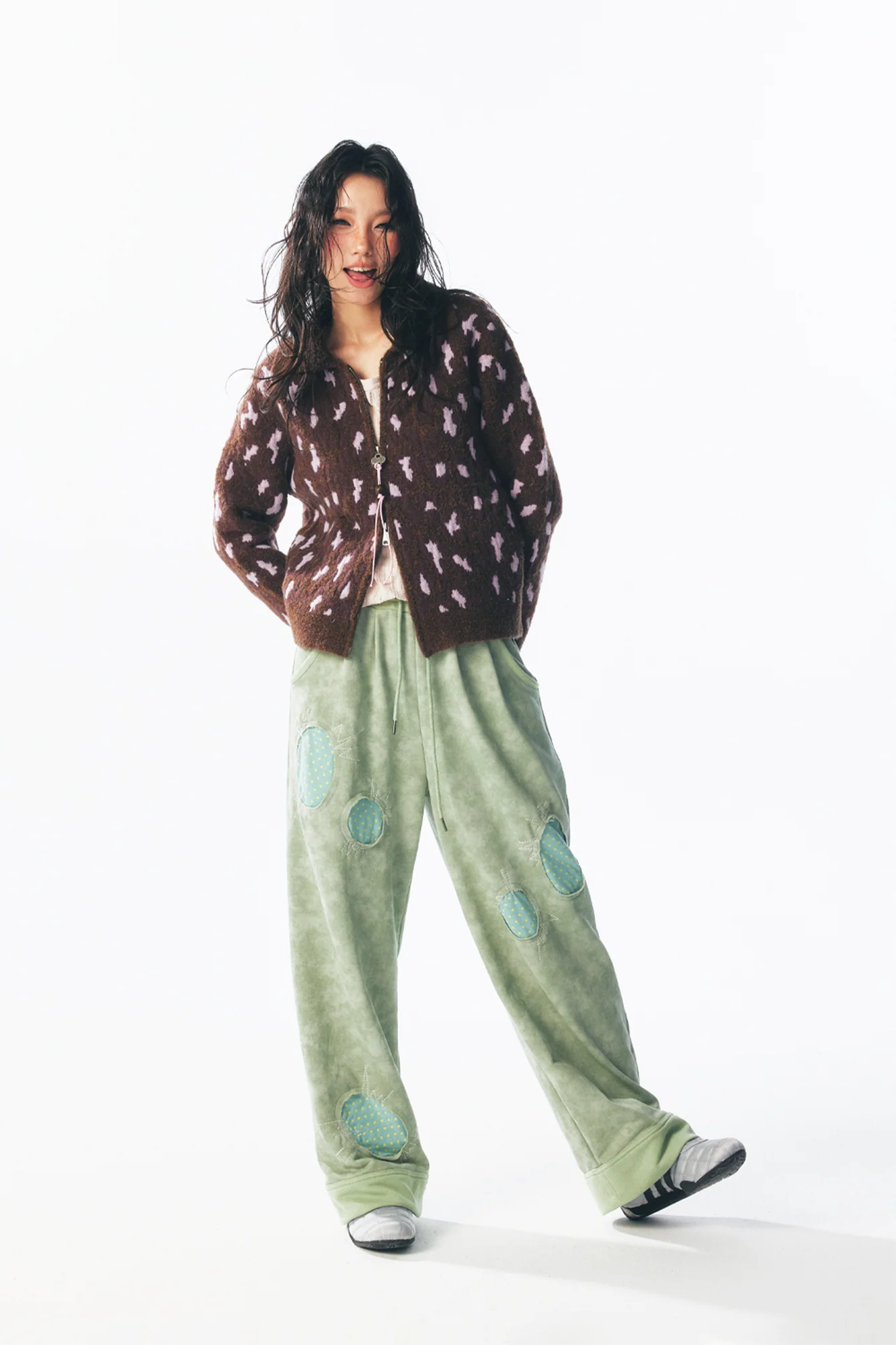 1997 POSTOFFICE Fuzzy Strawberry-Leopard Dual-Zip Knit Jacket