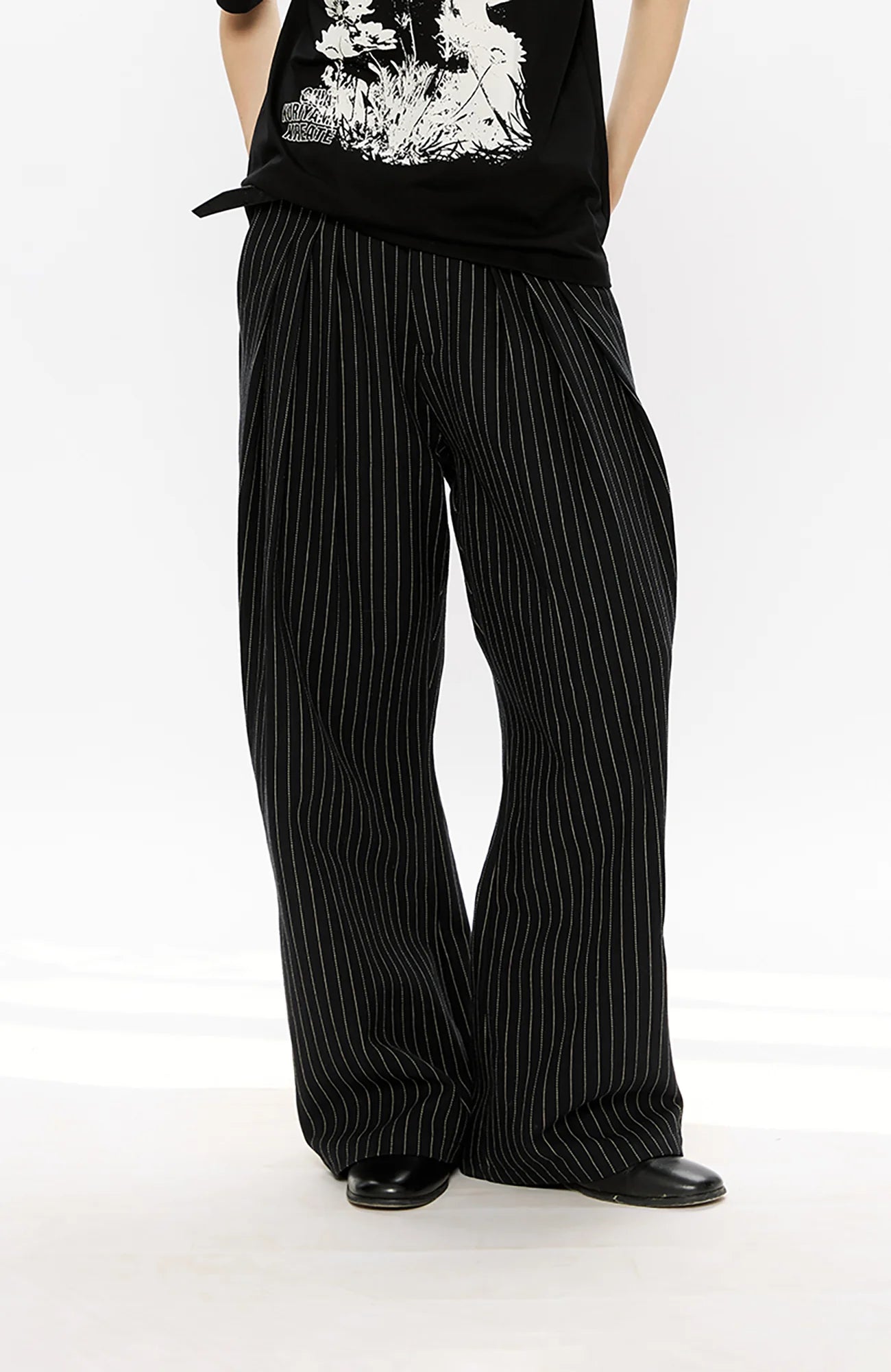 KREATE Pinstripe Pleated Draped Wide Trousers