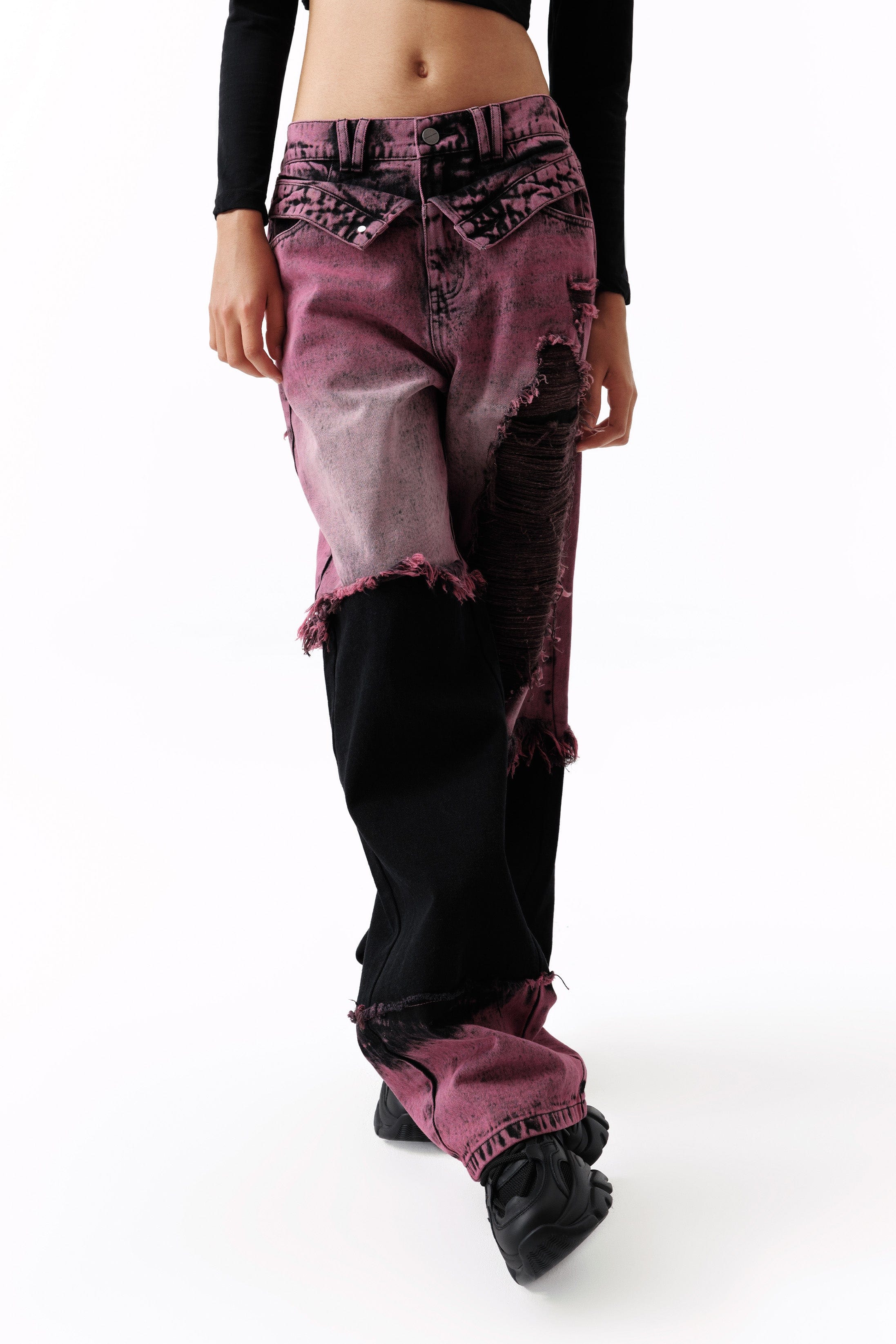 VANN VALRENCE Distressed Panelled Frayed Straight-Leg Jeans