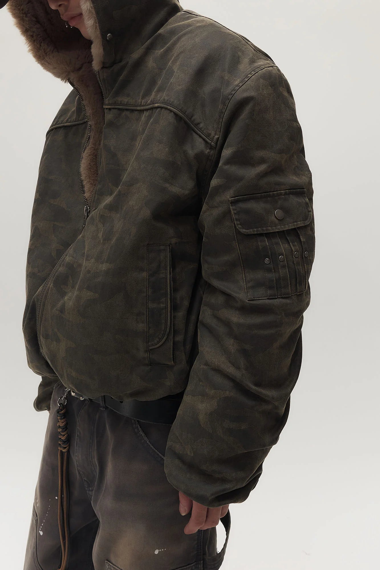 SAVAGEGROWTHWORLD Camo Faux Fur Lining Bomber Jacket