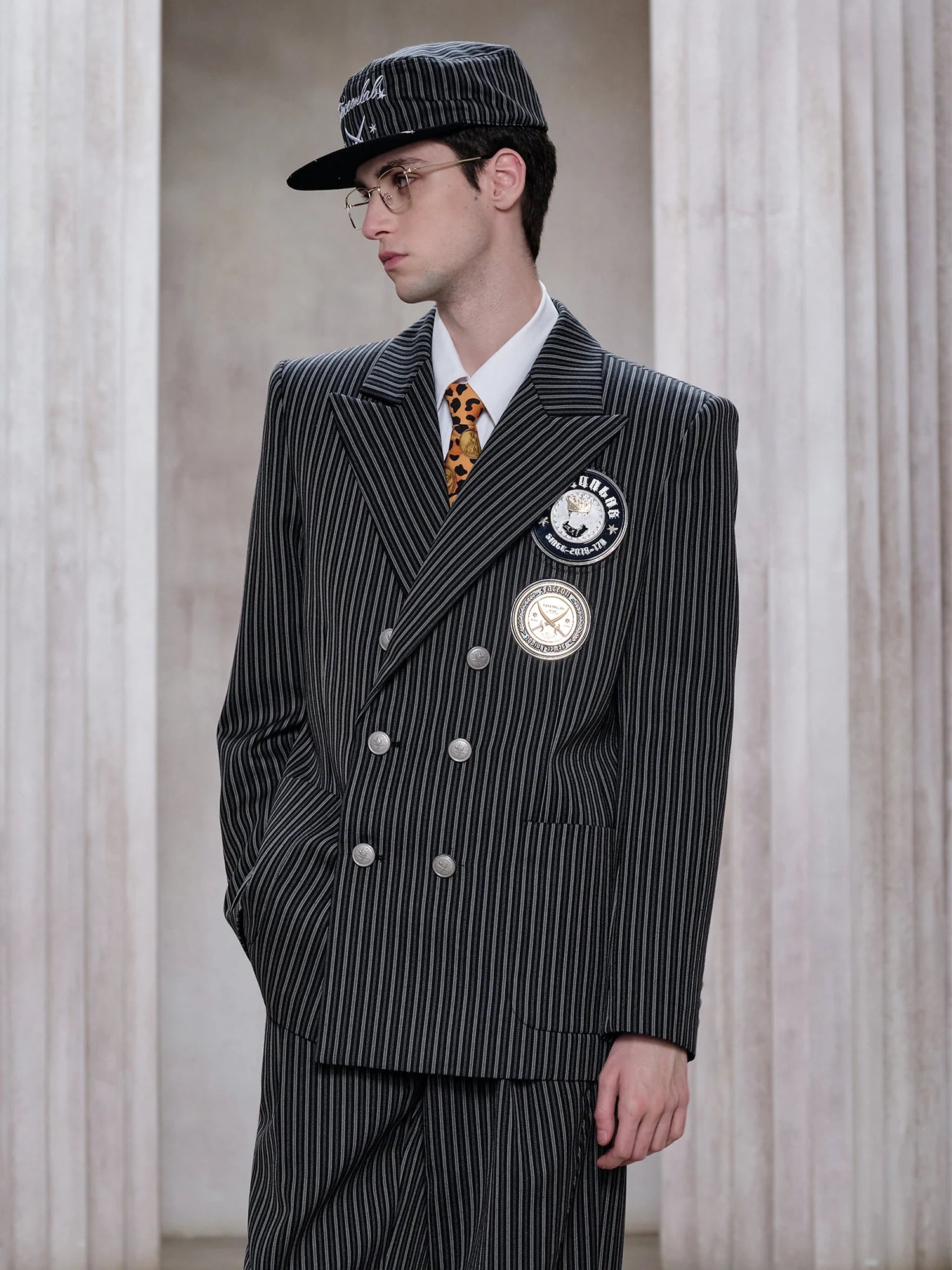 FACEONLAB Stripe Badge-Patch Double-Breasted Jacket