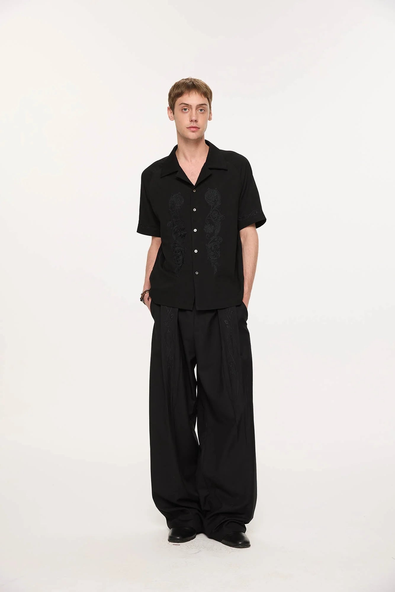 KREATE Rose Embroidered Pleated Straight-Leg Trousers