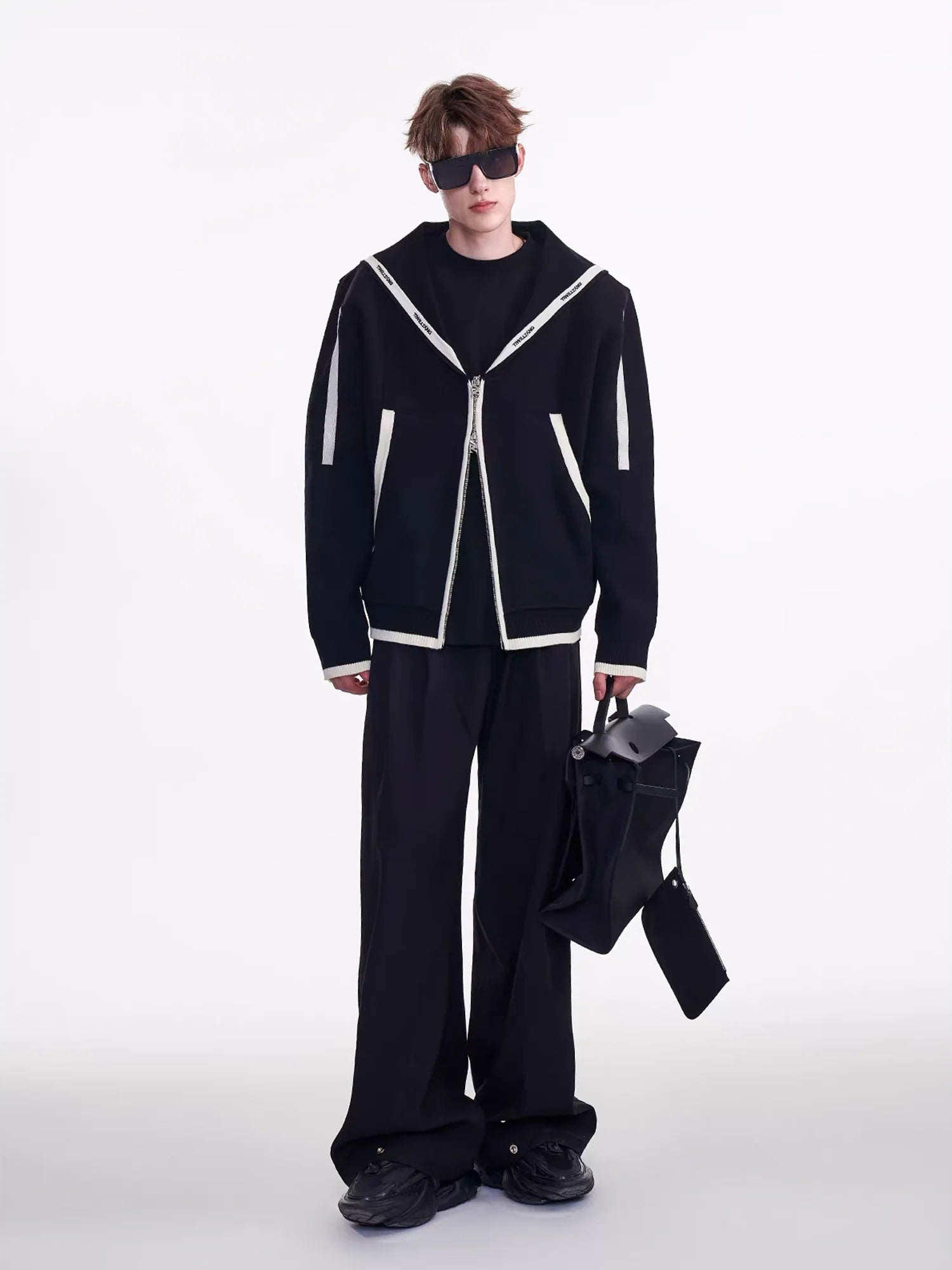 TIWILLTANG Contrast-Trim Sailor-Collar Jacket