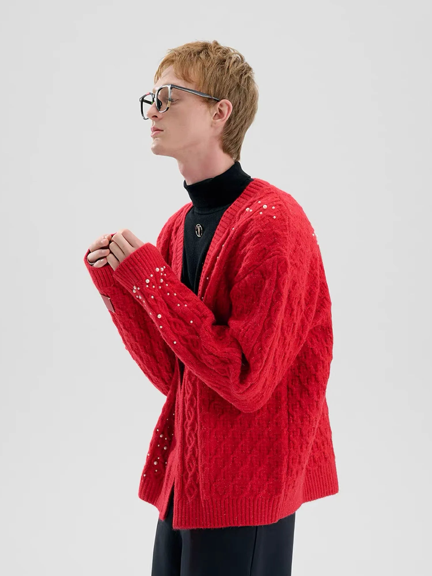 TIWILLTANG Pearl-Embellished Cable Knit Cardigan
