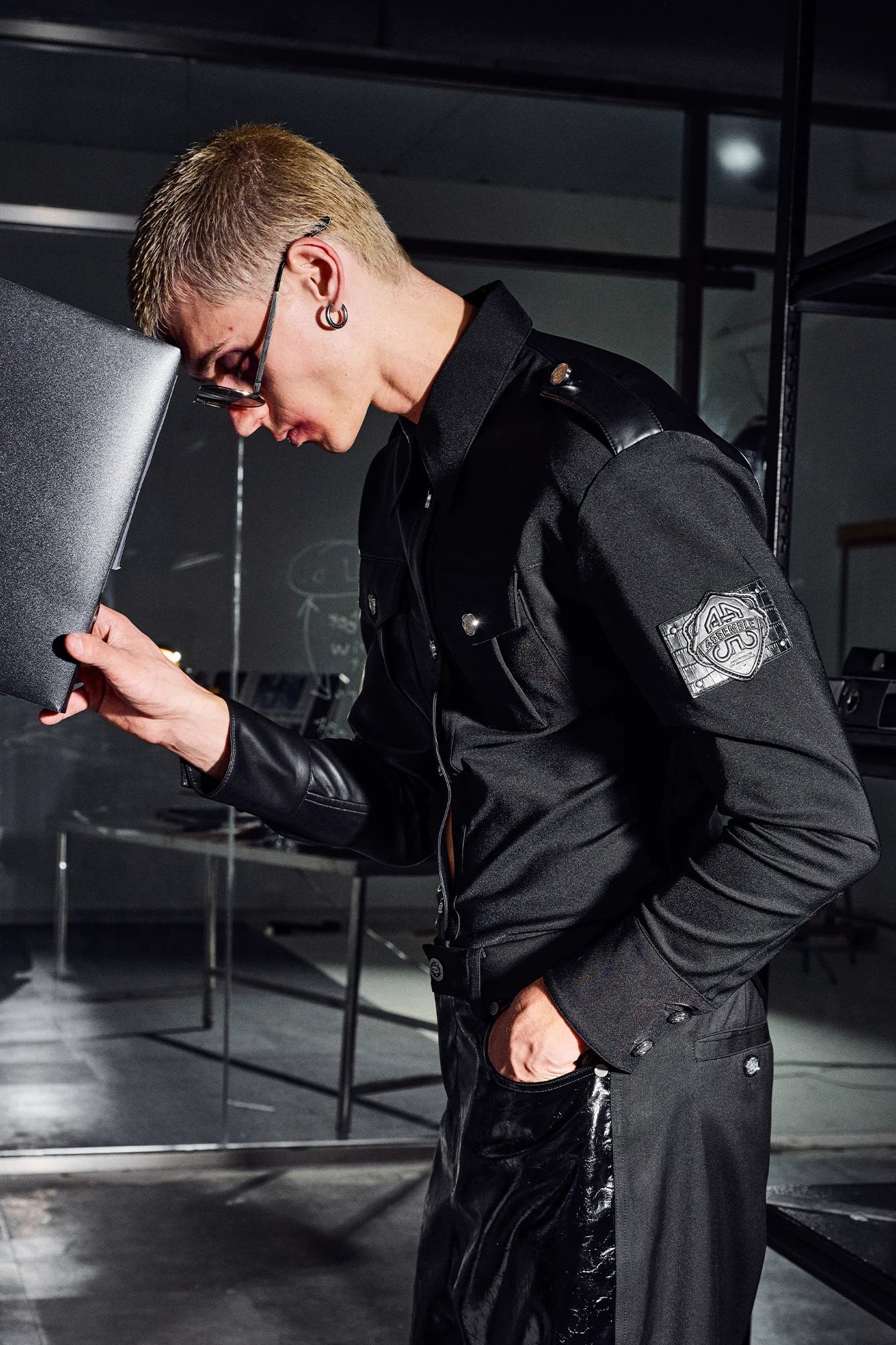 455EMBLE Faux Leather Panelled Epaulette Slim Shirt