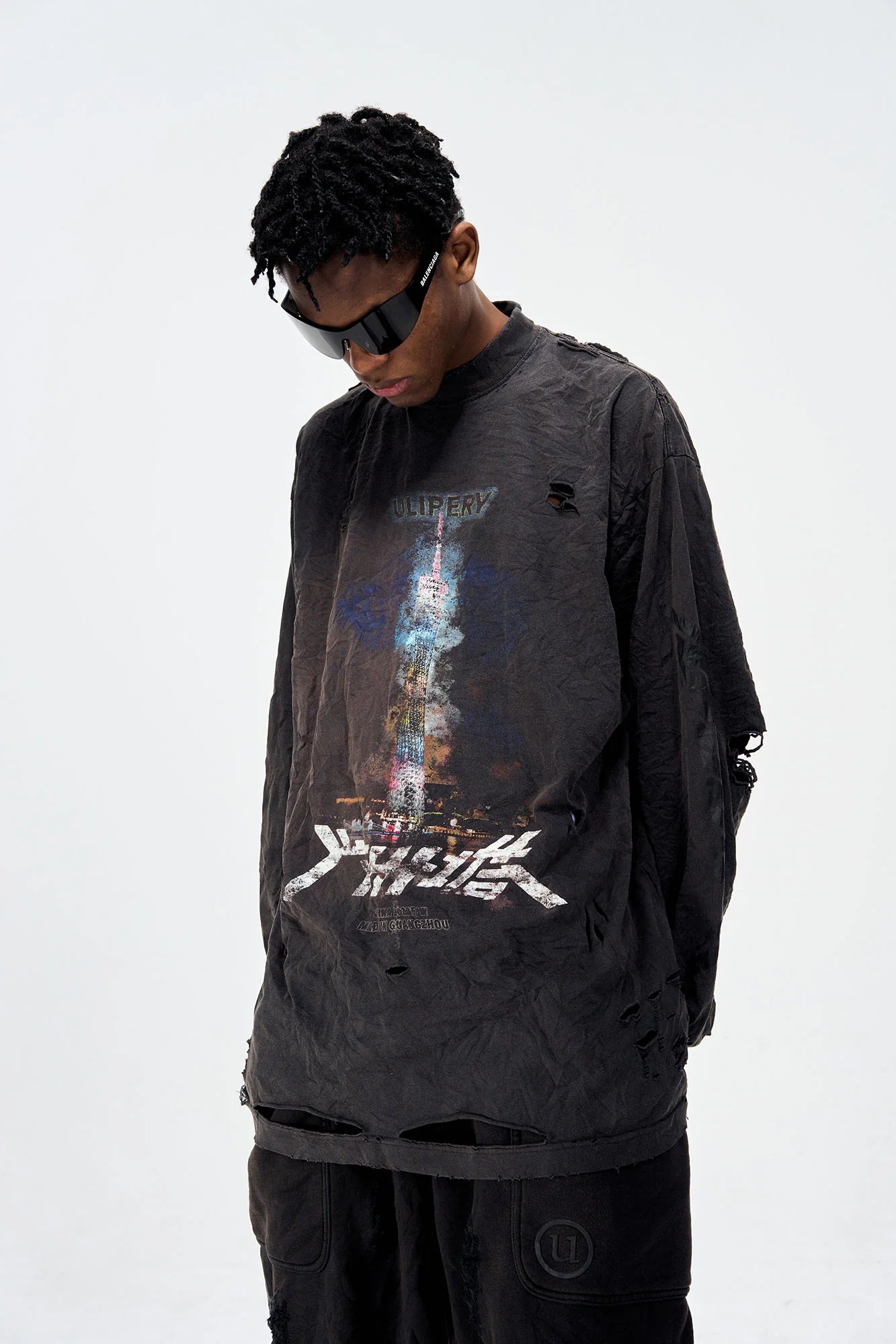 ULIPERY Distressed Glow Crinkled Long Sleeve Tee