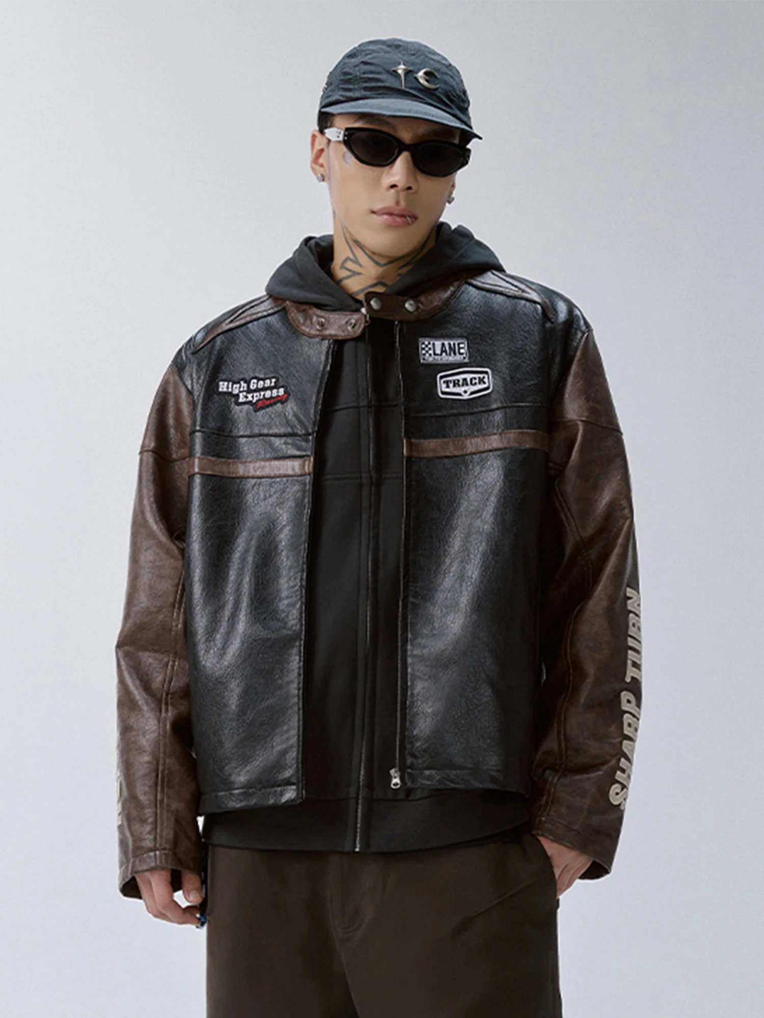 F2CE Retro Embroidered Patch PU Moto Jacket
