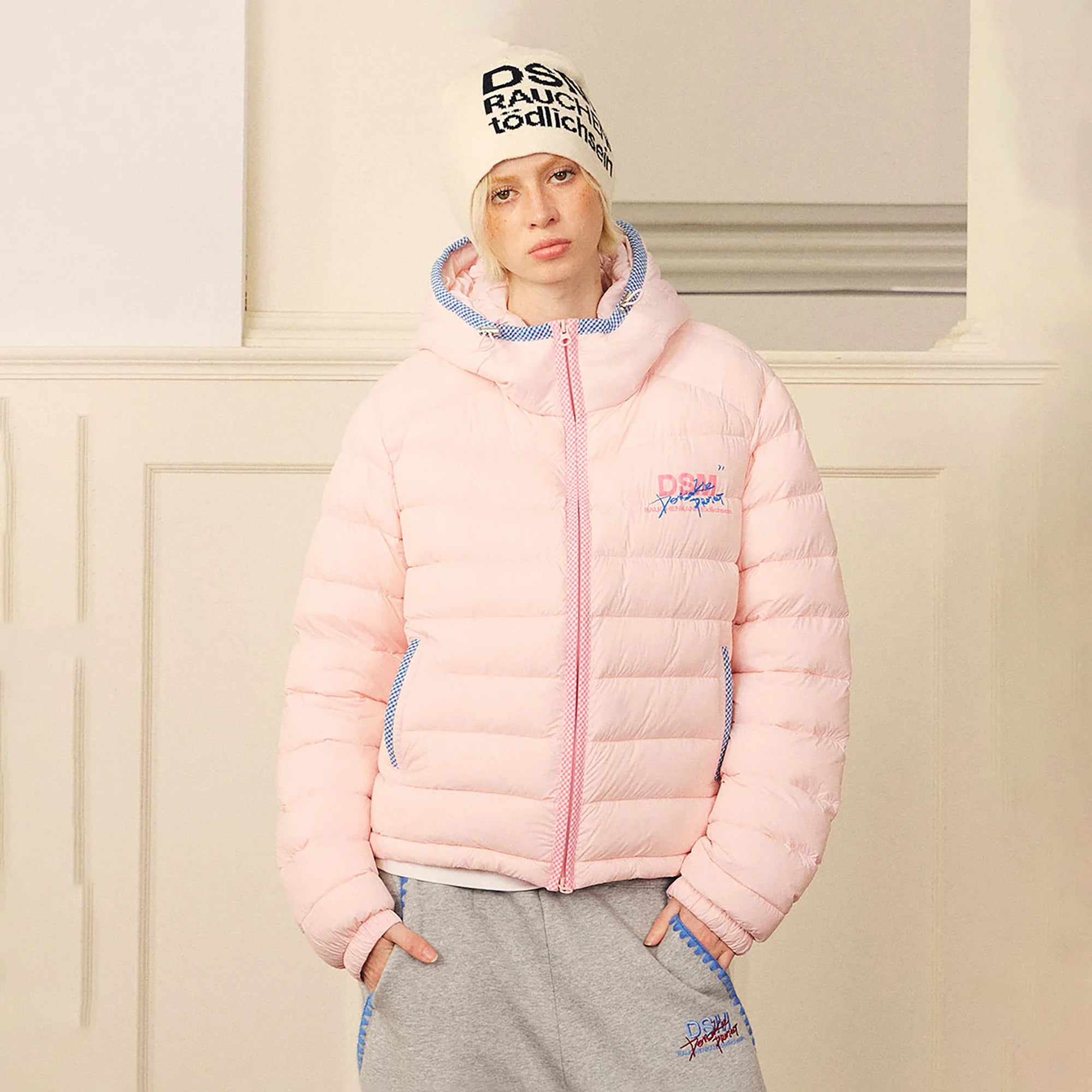 DONSMOKE Plaid Trim Hooded Down Puffer