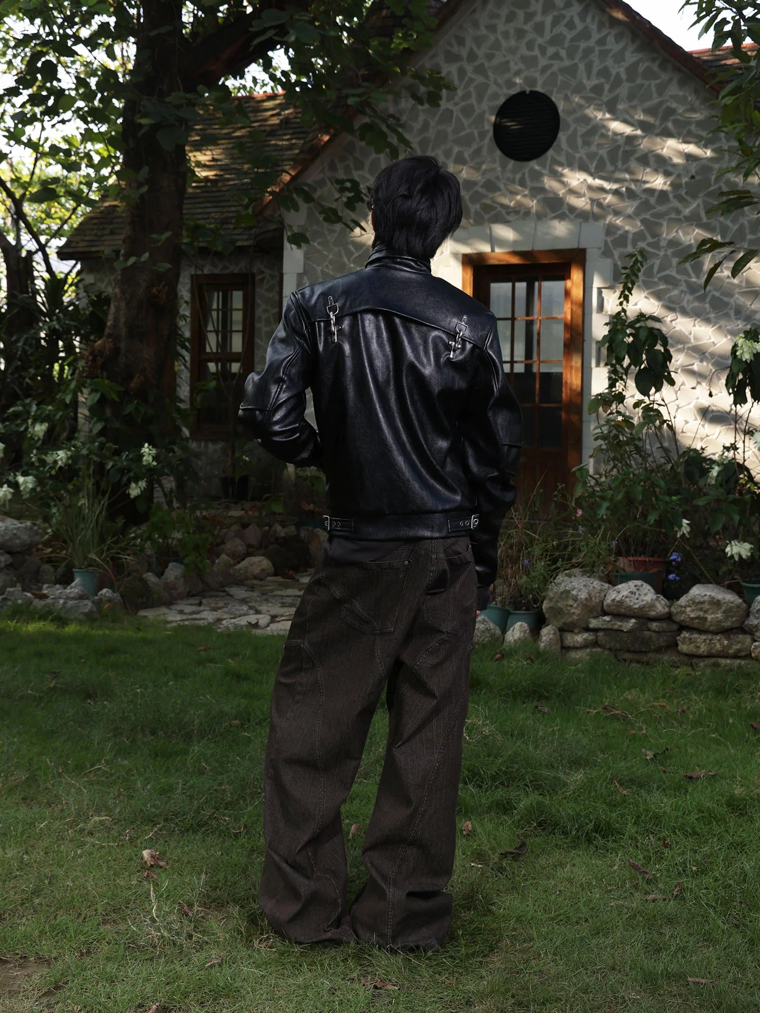 FLYERRER Hook-Buckle Faux Leather Rivet Jacket
