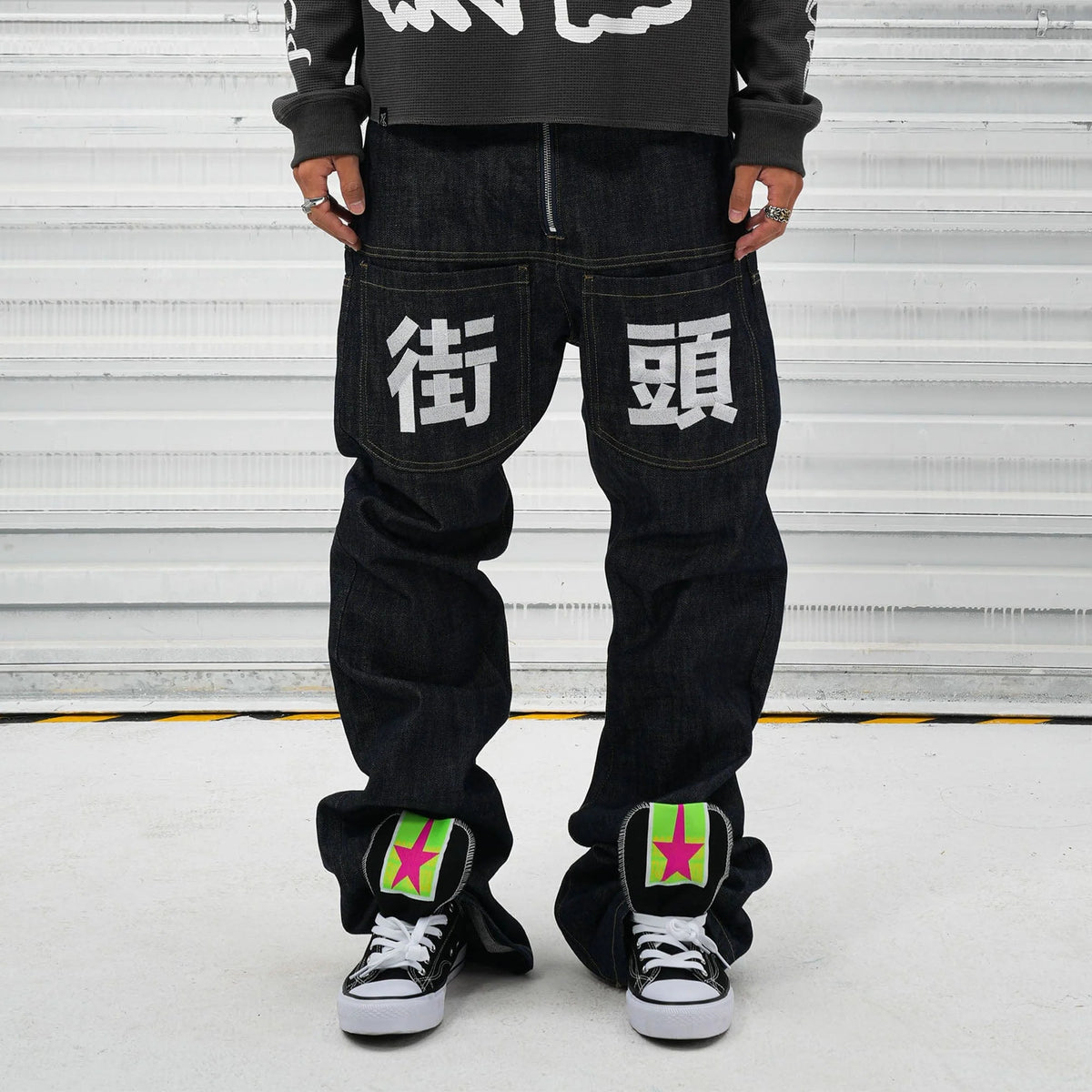 VINKID Street Kanji Graphic Panel Raw Jeans