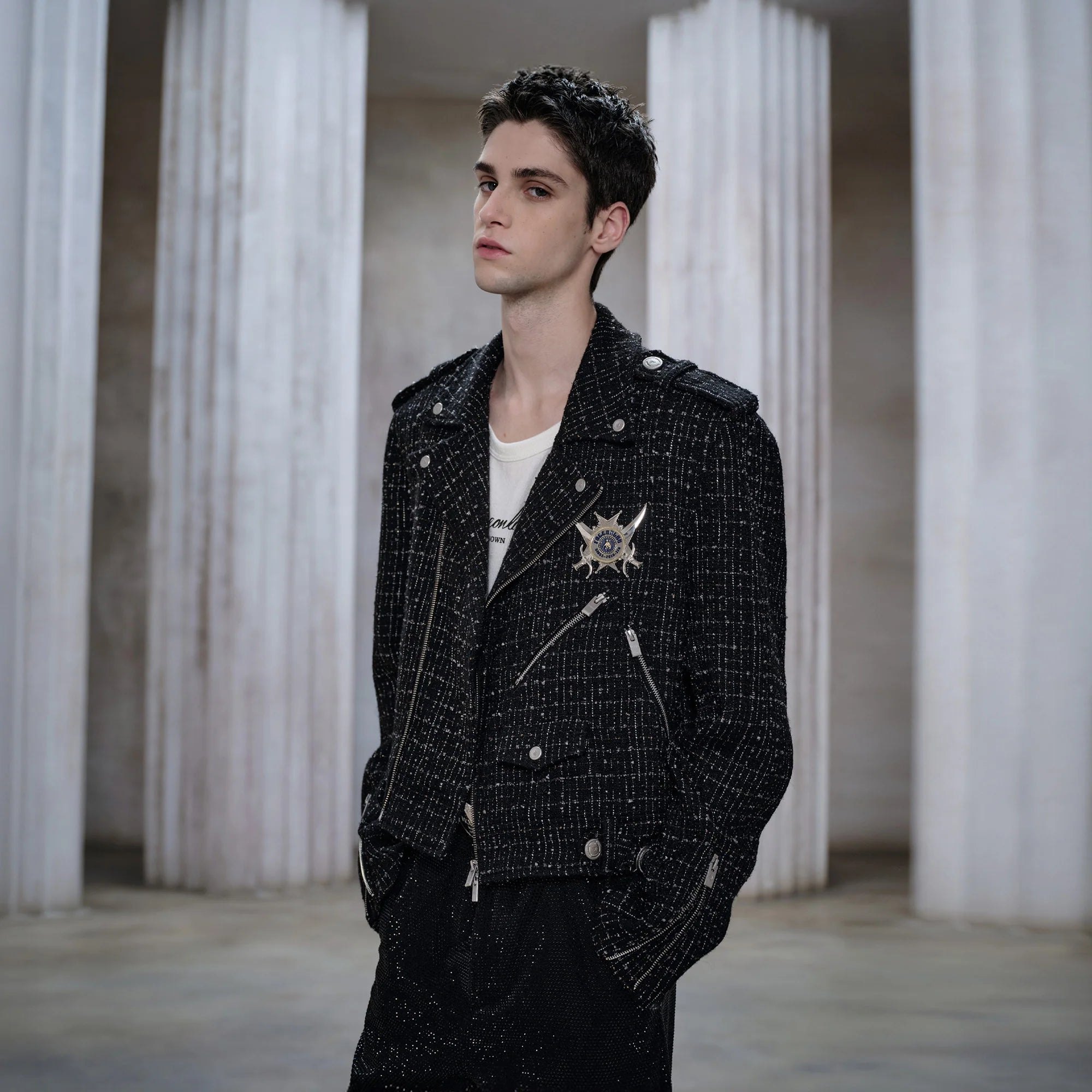 FACEONLAB Metal Badge Multi-Zip Tweed Biker Jacket