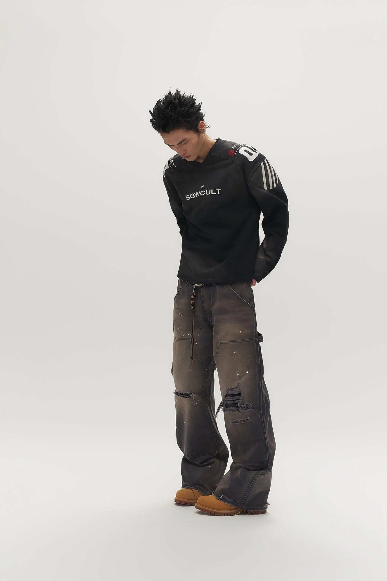 SAVAGEGROWTHWORLD Distressed Double-Knee Splatter Jeans
