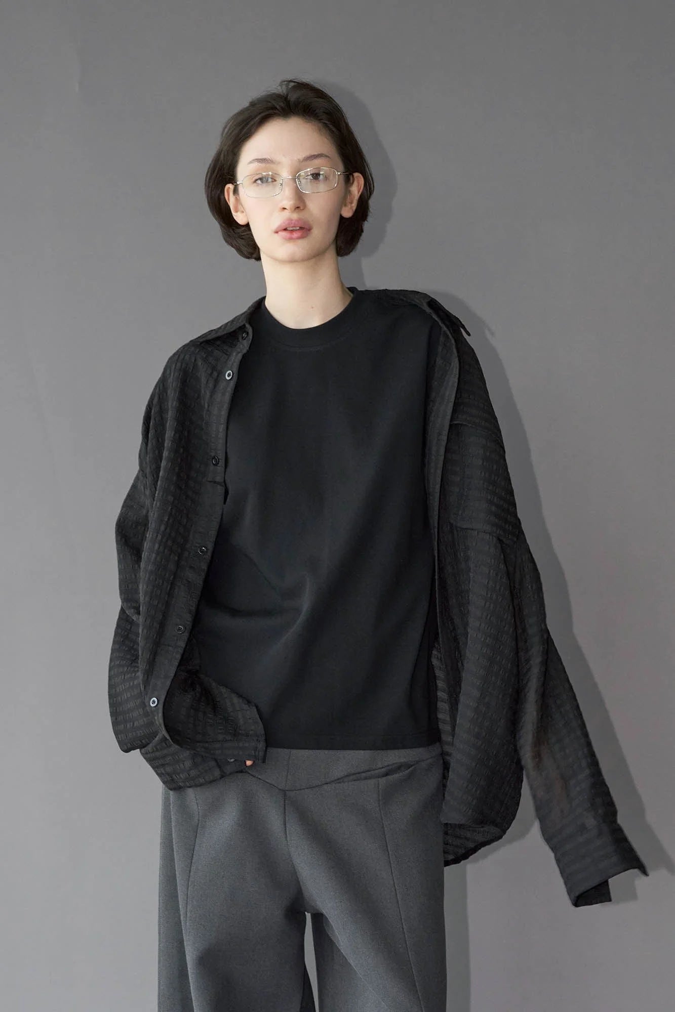 LABELROOM Sheer Textured Grid Oversized Shirt