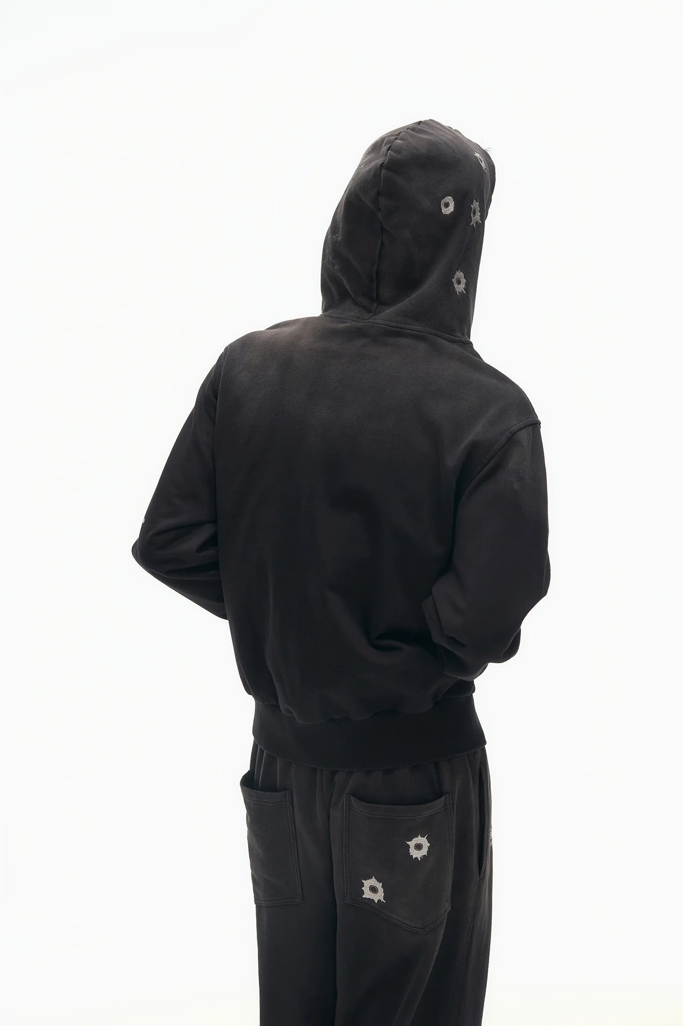 SAVAGEGROWTHWORLD Bullet Hole Graphic Washed Zip-Up Hoodie