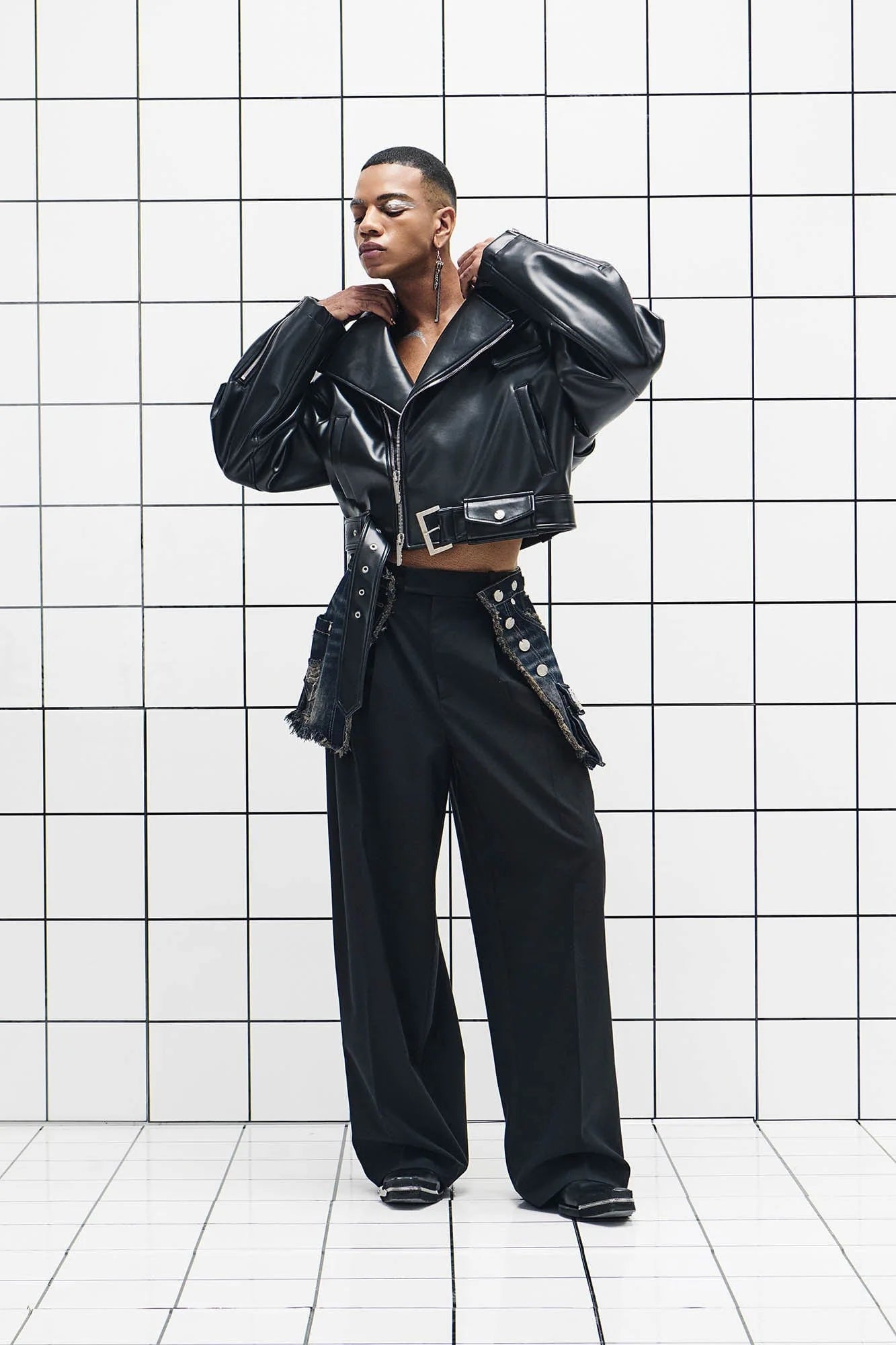 455EMBLE Asymmetrical Back-Zip Cropped PU Biker Jacket