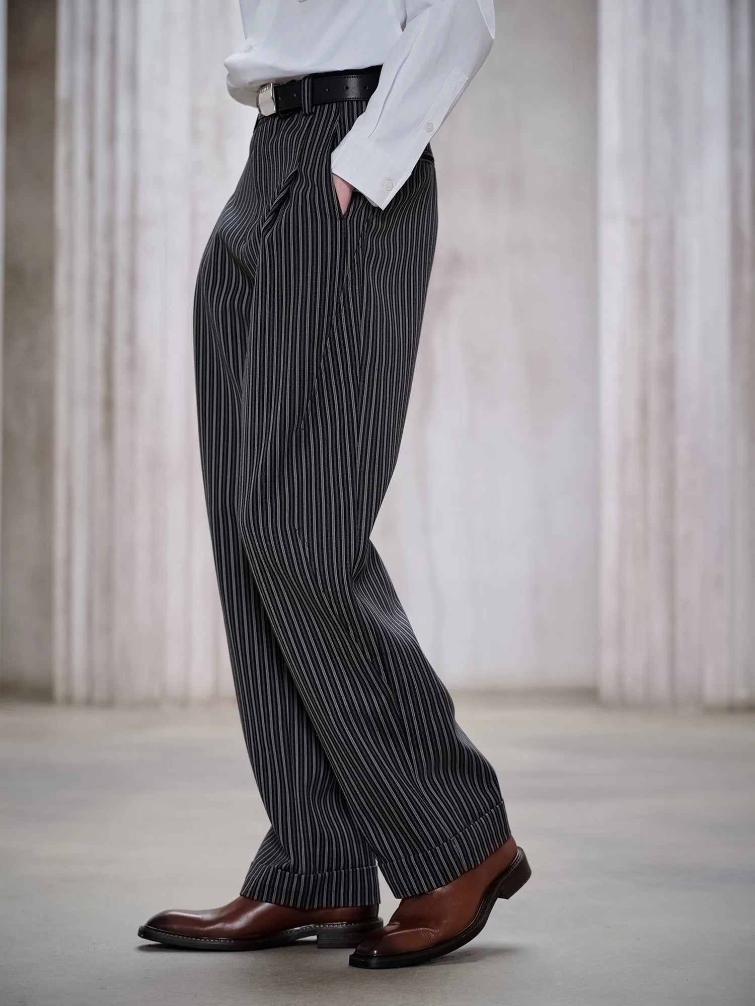 FACEONLAB Classic Striped Wool Pleated Tailored Trousers