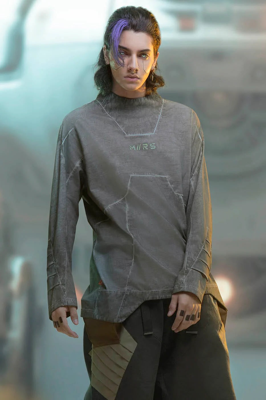 XIPHEVIL Futuristic-Distressed Paneled L/S Tee
