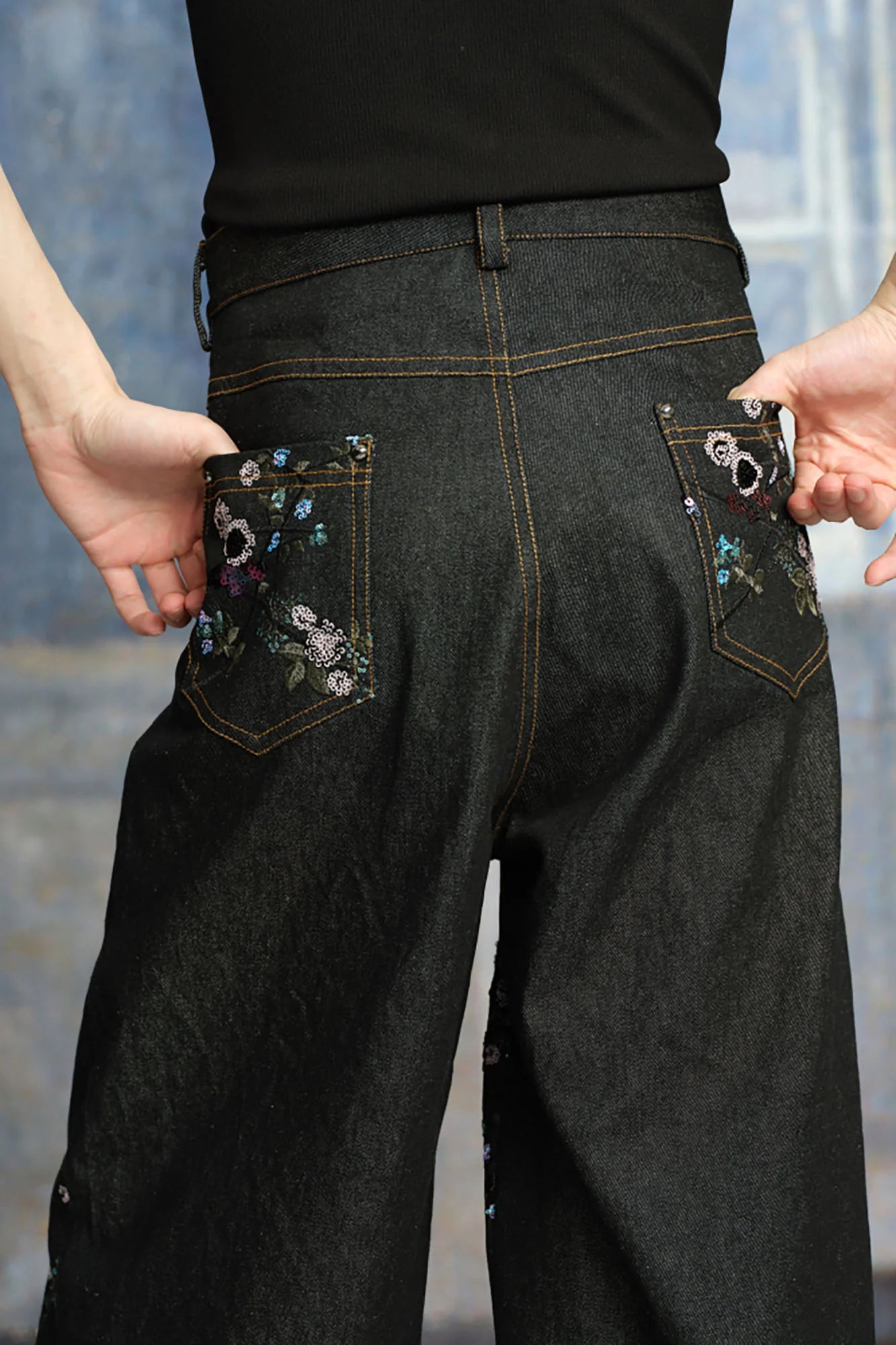 TUIMU Beaded Floral Embroidered Wide-Leg Denim Trousers