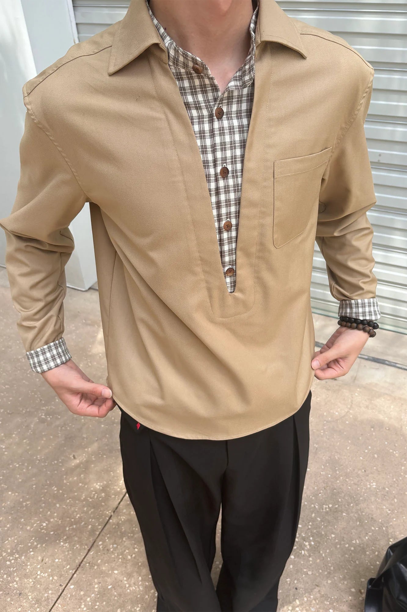 KREATE Faux Layered Plaid V-Neck Shirt