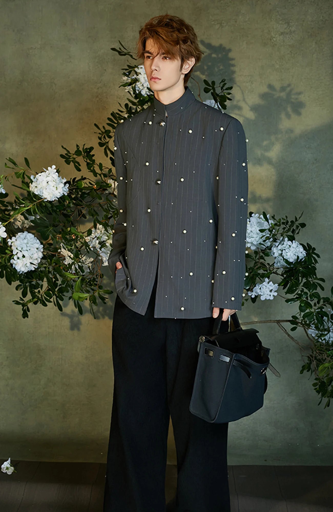 JIECHI Pearl Embellished Stripe Mandarin Shirt