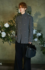 JIECHI Pearl Embellished Stripe Mandarin Shirt