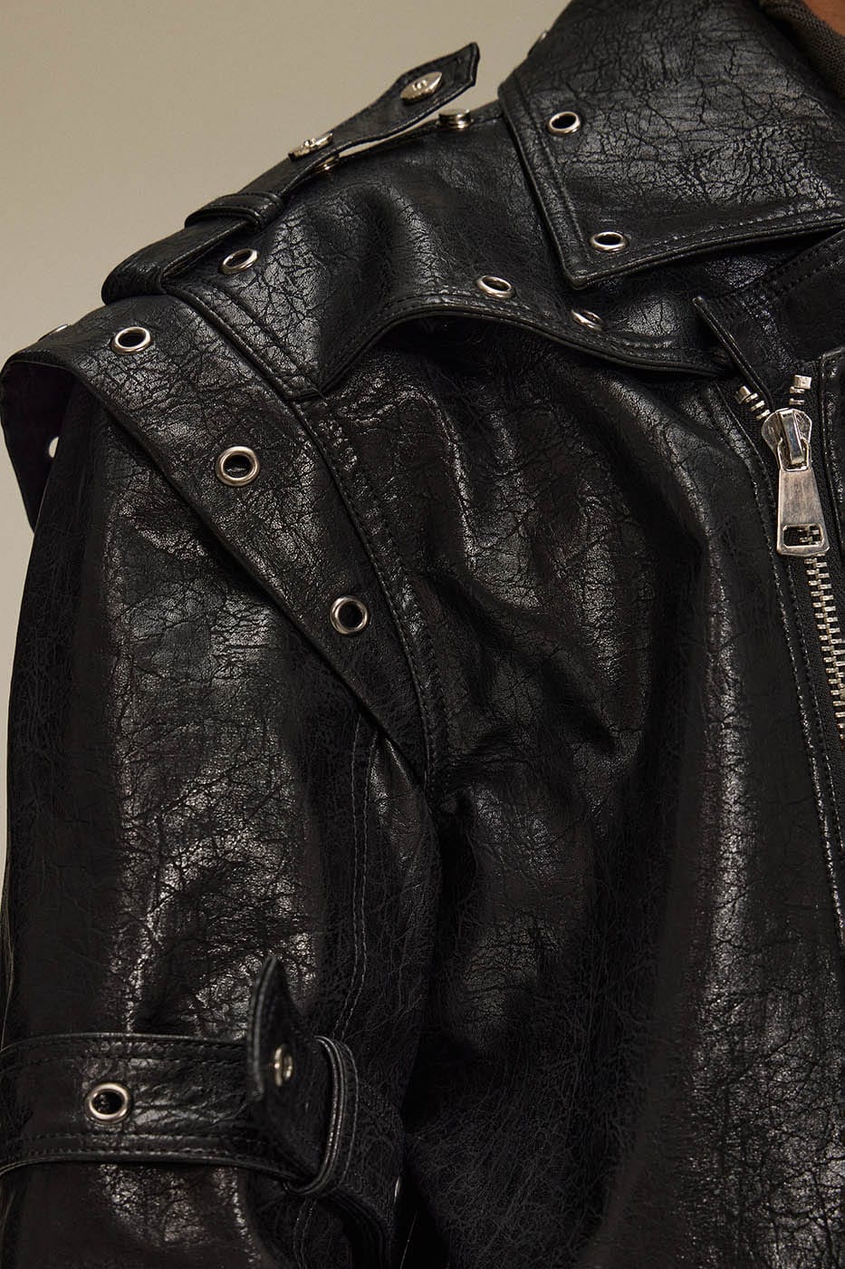 FLYERRER Asymmetrical Hoop-Hole Faux Leather Jacket