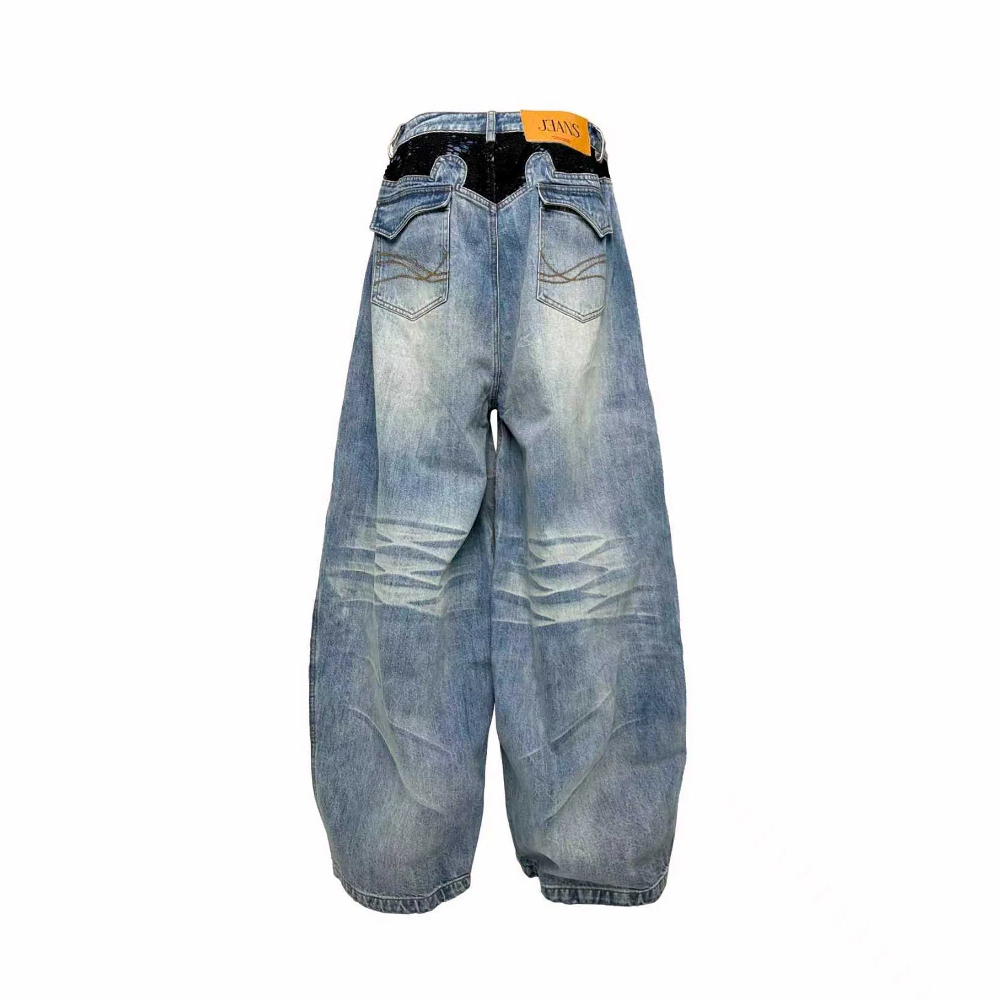 PCCVISION Lace Spliced Washed Wide-Leg Jeans