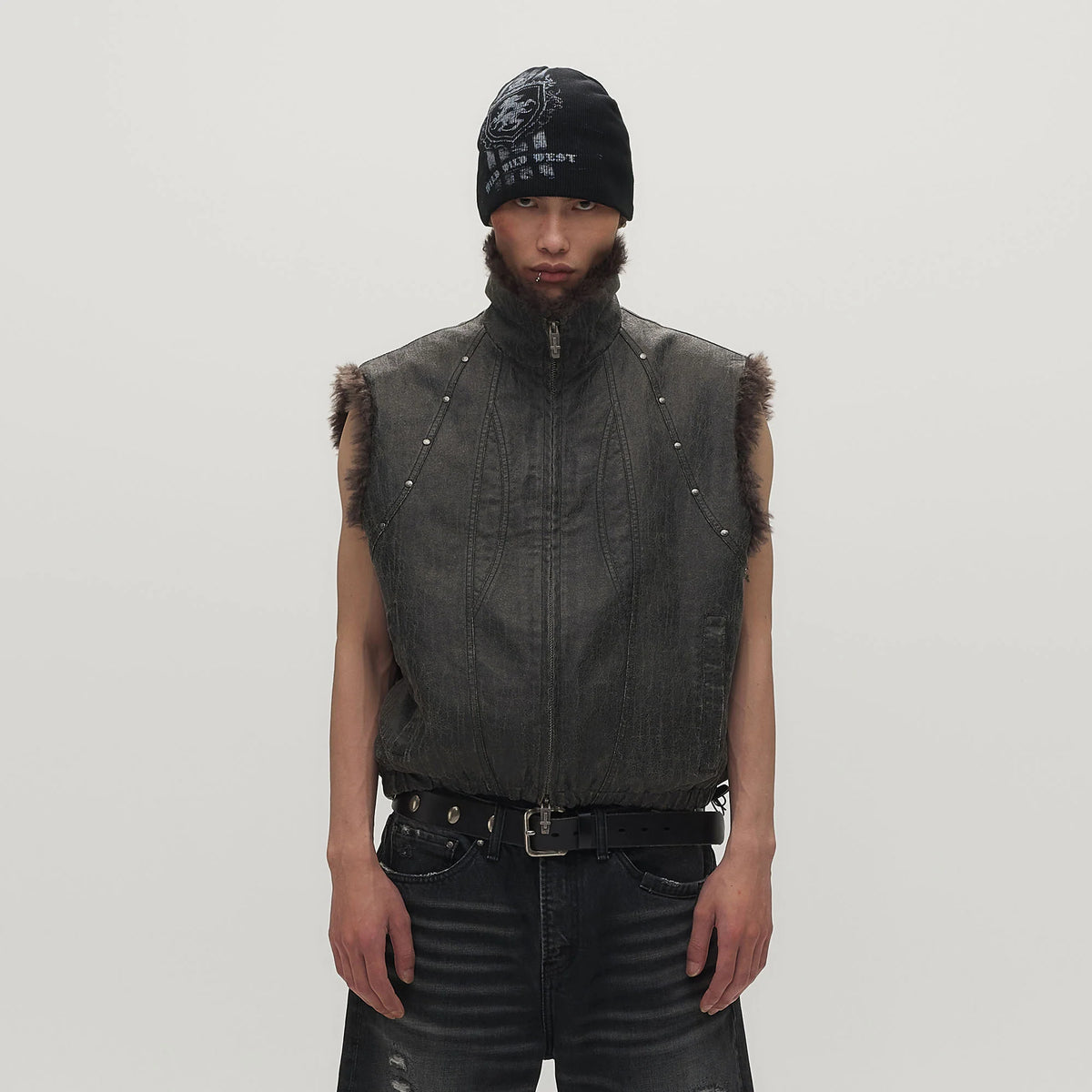 SAVAGEGROWTHWORLD Washed Faux Fur Lining Studded Vest