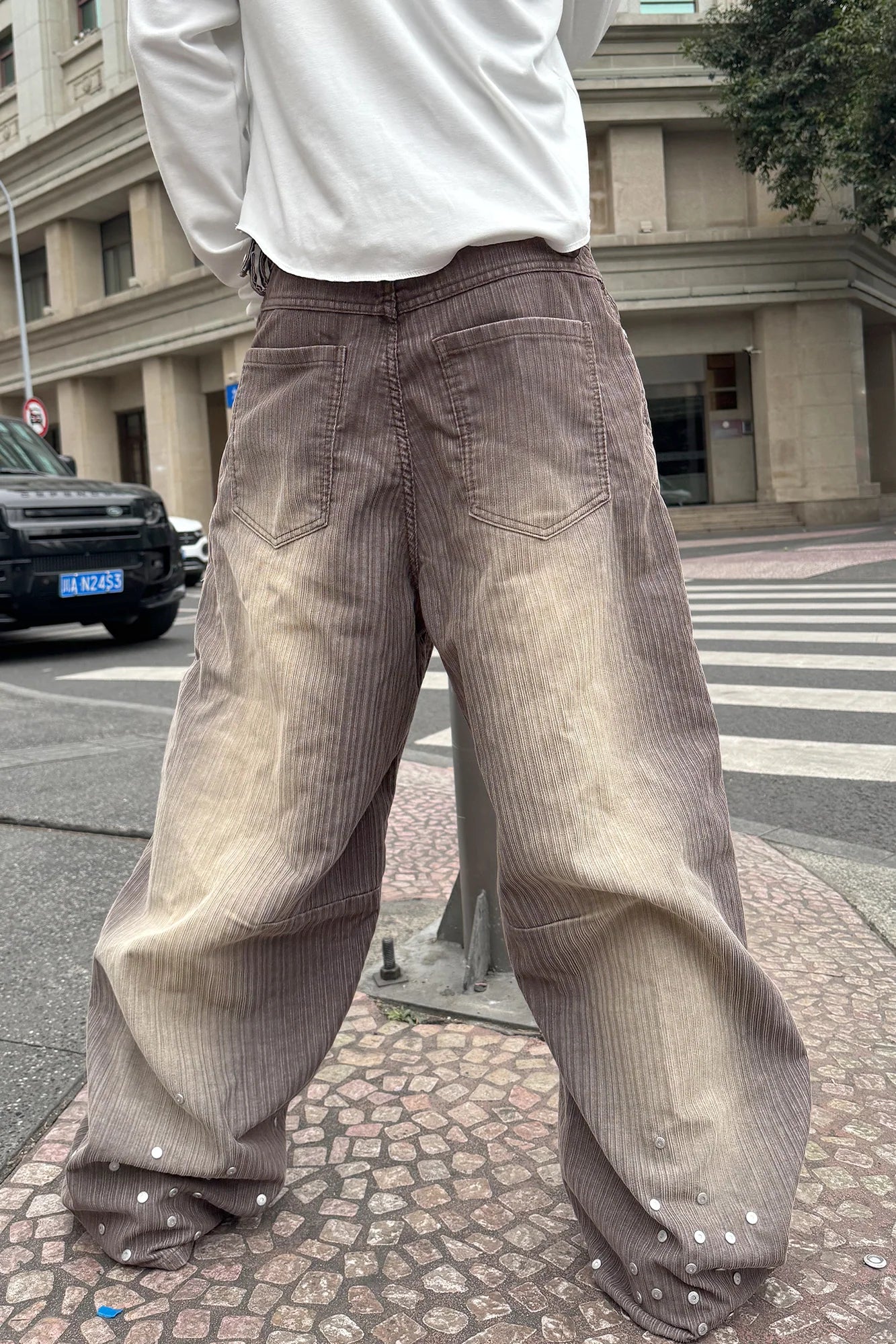 STEEPC Washed Striped Corduroy Studded Wide-Leg Pants
