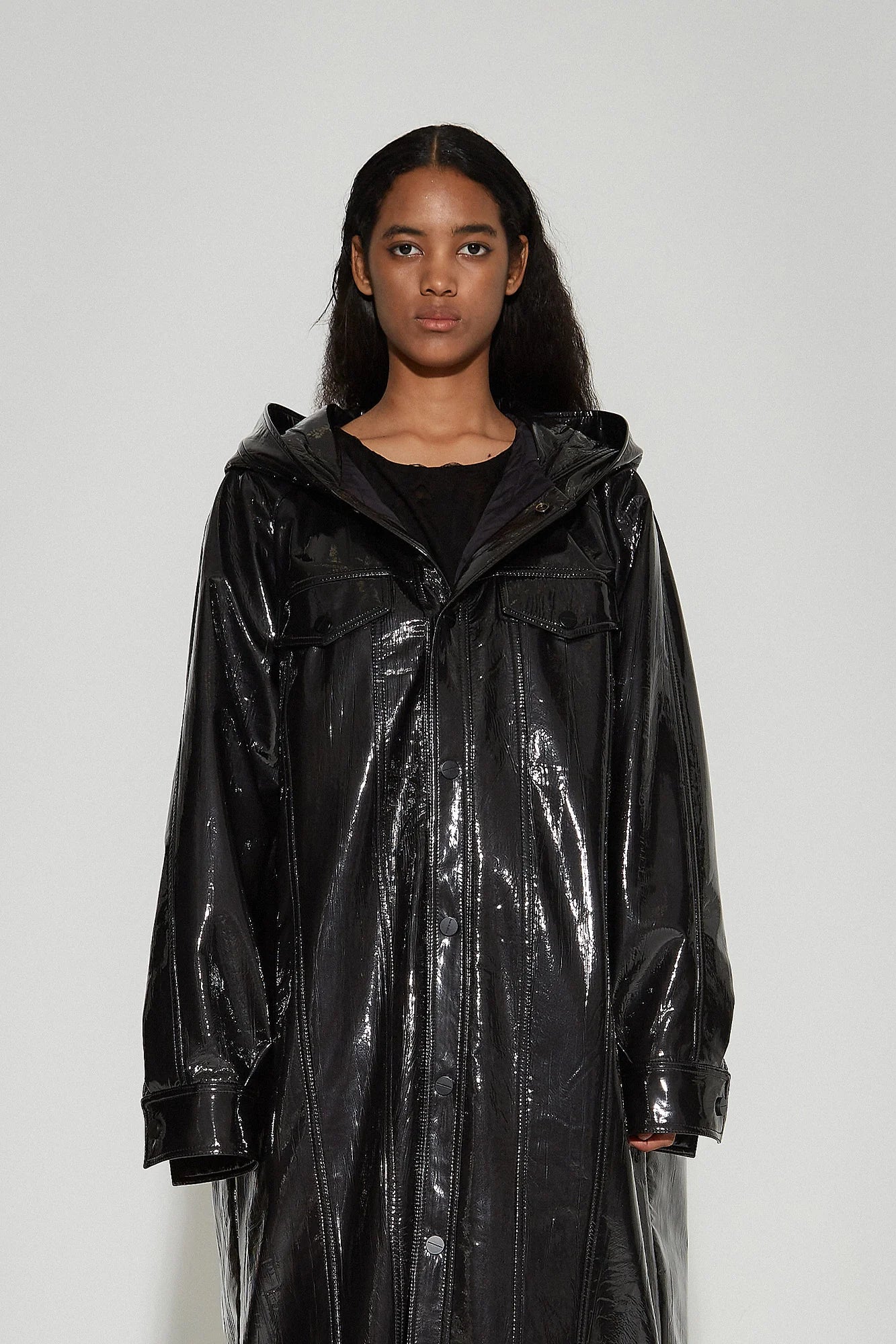 VANN VALRENCE Glossy Belted Hooded Padded Long Coat
