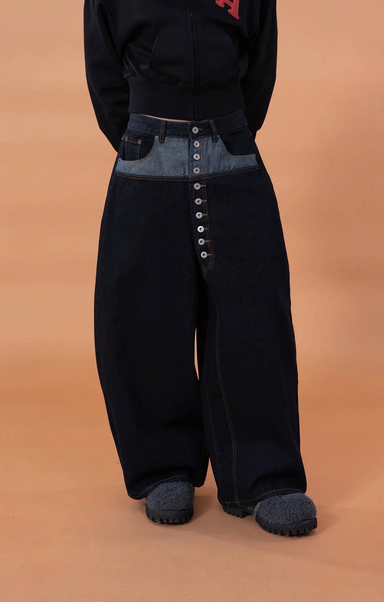 CLP Contrast-Waist Botton-Fly Oversized Raw Jeans