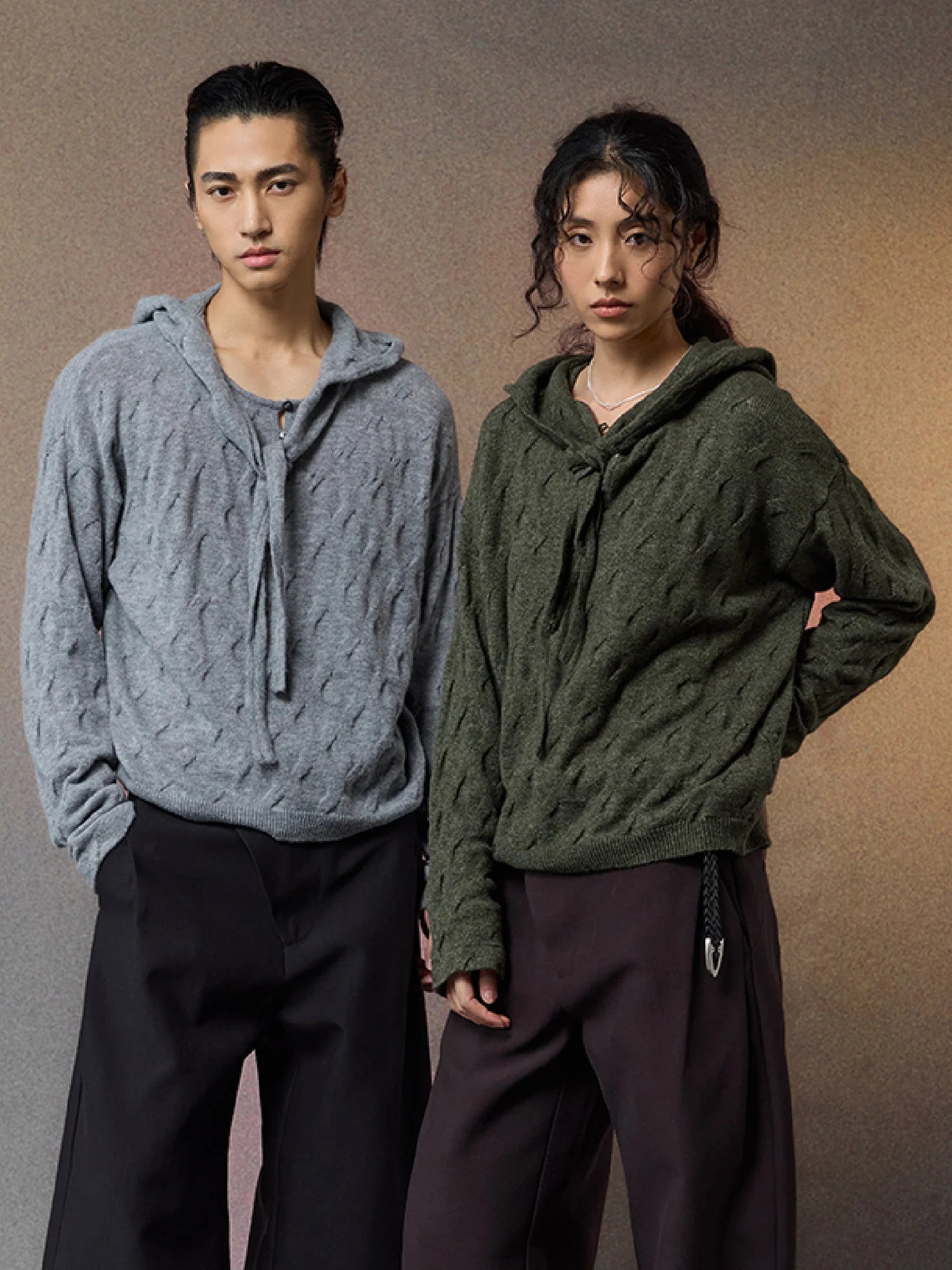 ALVNG AR ANTS Cable-Knit Tie-Neck Hooded Sweater
