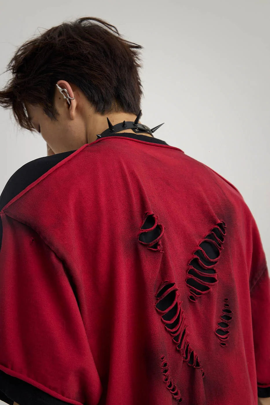 FLYERRER Double-Layered Ripped T-Shirt Red