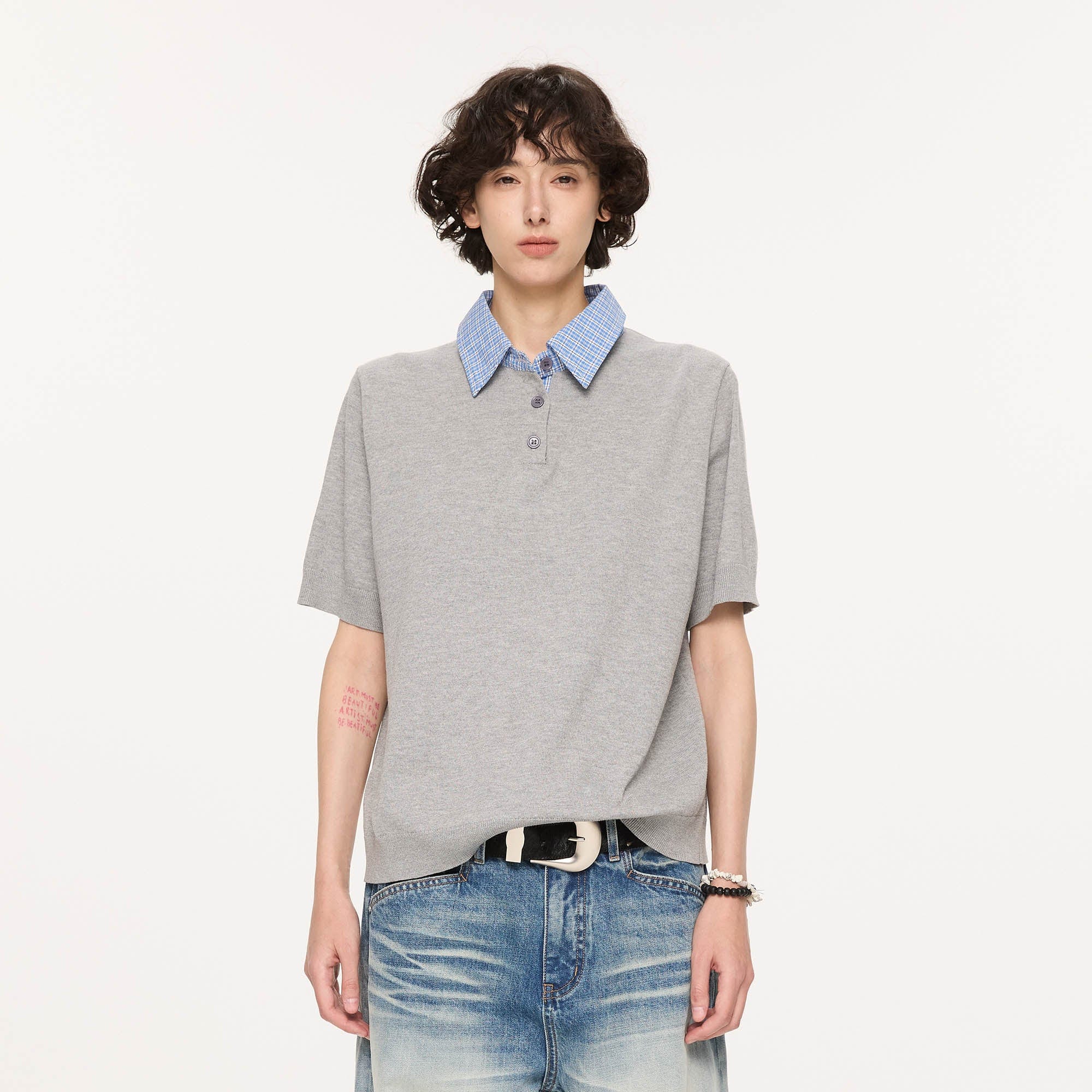KREATE Preppy Spliced Plaid Collar Knit Polo