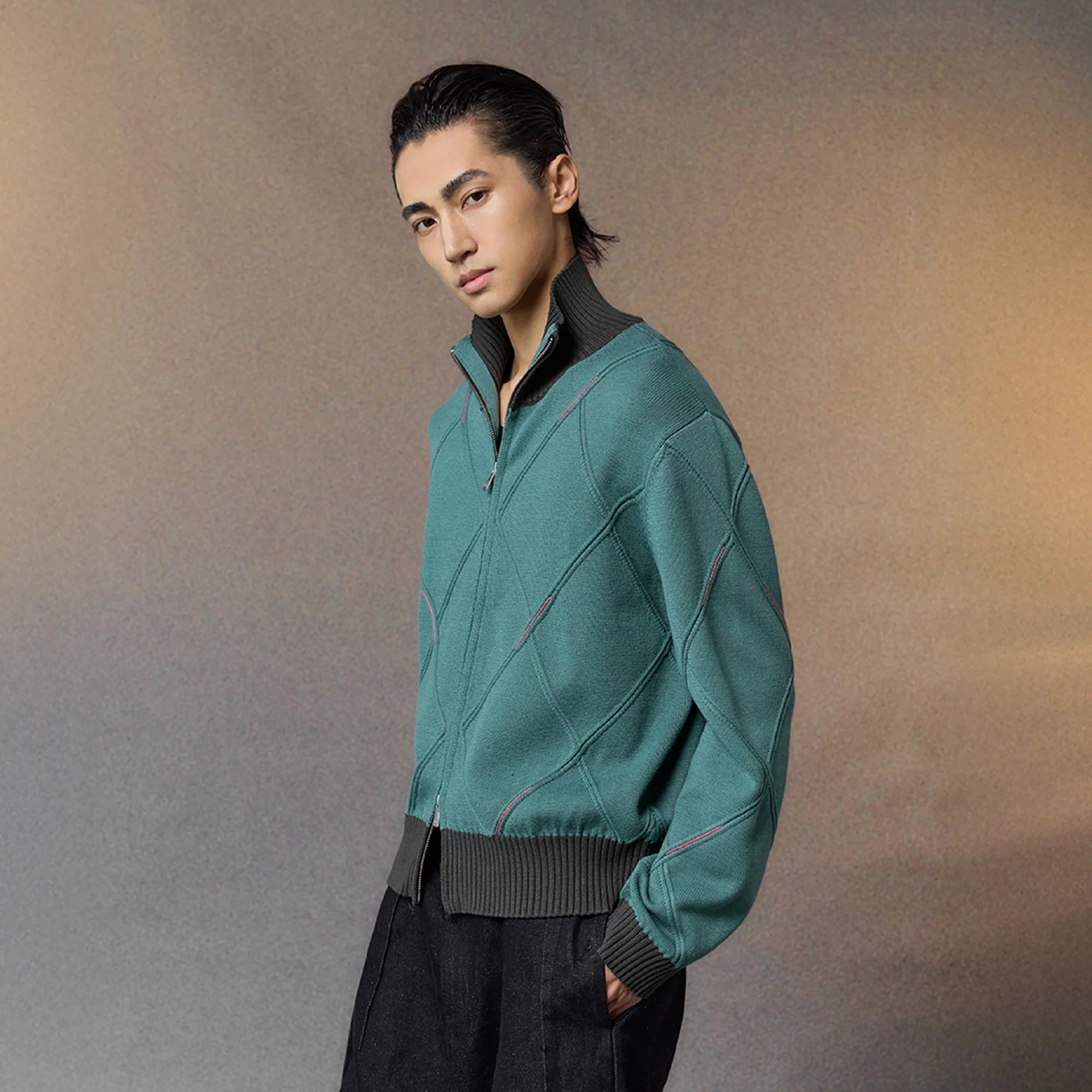 ALVNG AR ANTS Geometric Stitch Zip-Up Sweater