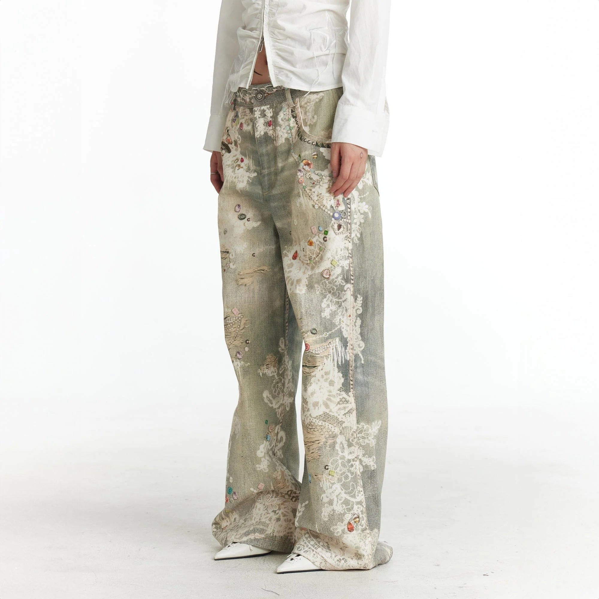 DND4DES×Faychui Distressed Gem&Lace Jeans