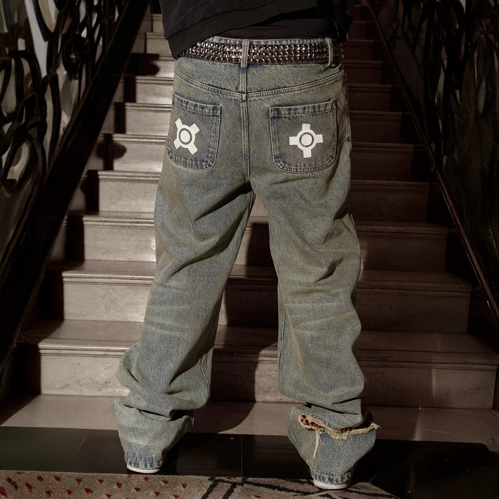 PHANTOMHUNTER Washed Leopard Patch Baggy Jeans