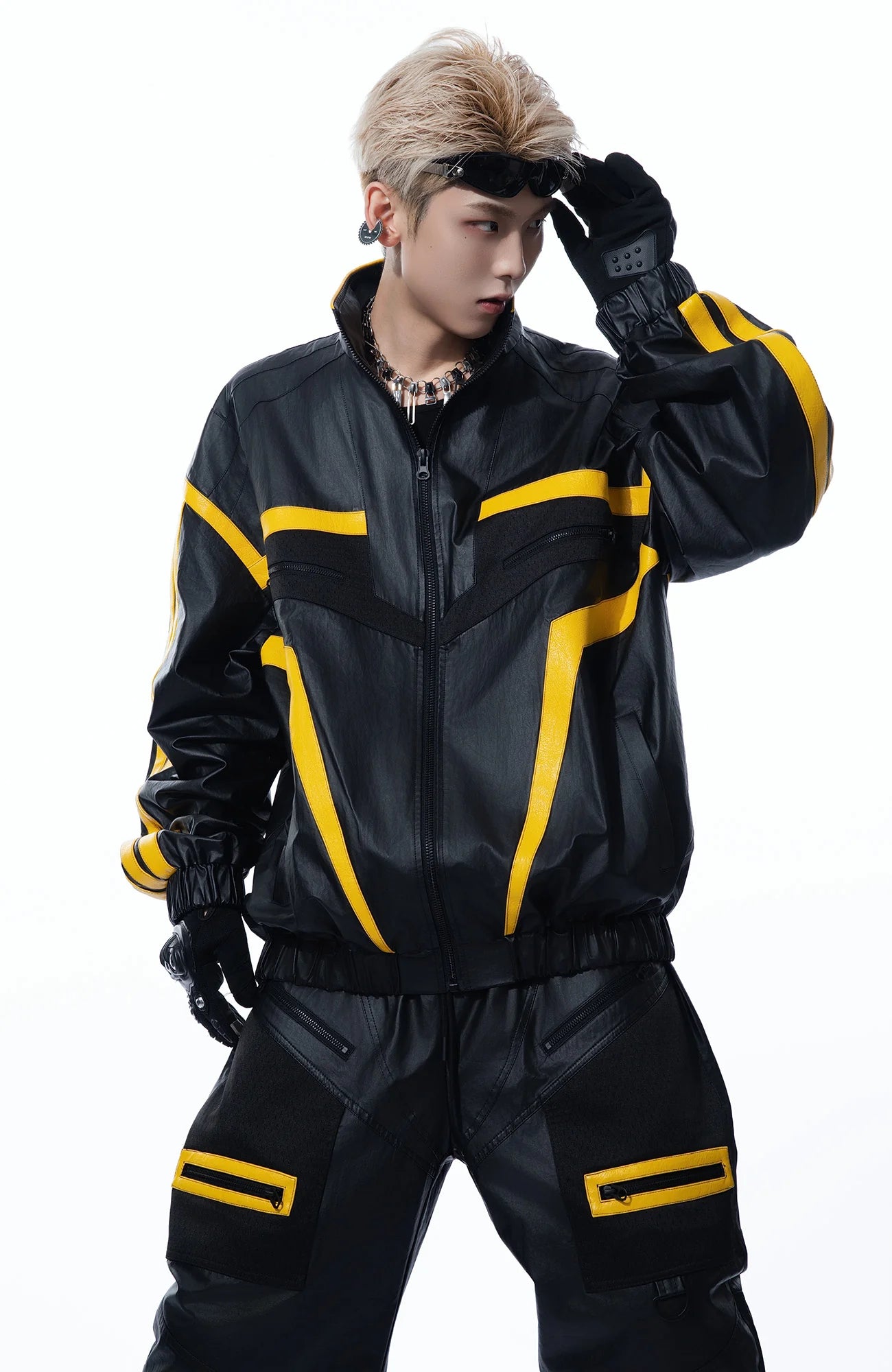 MOGONGSHE Contrast Stripe PU Moto Jacket