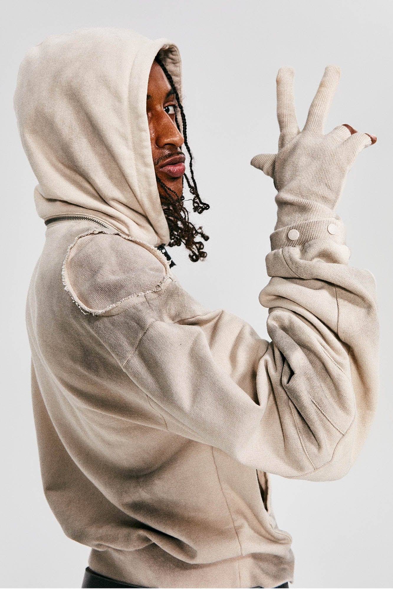 FLYERRER Distressed Detachable-Hood Glove-Sleeve Hoodie