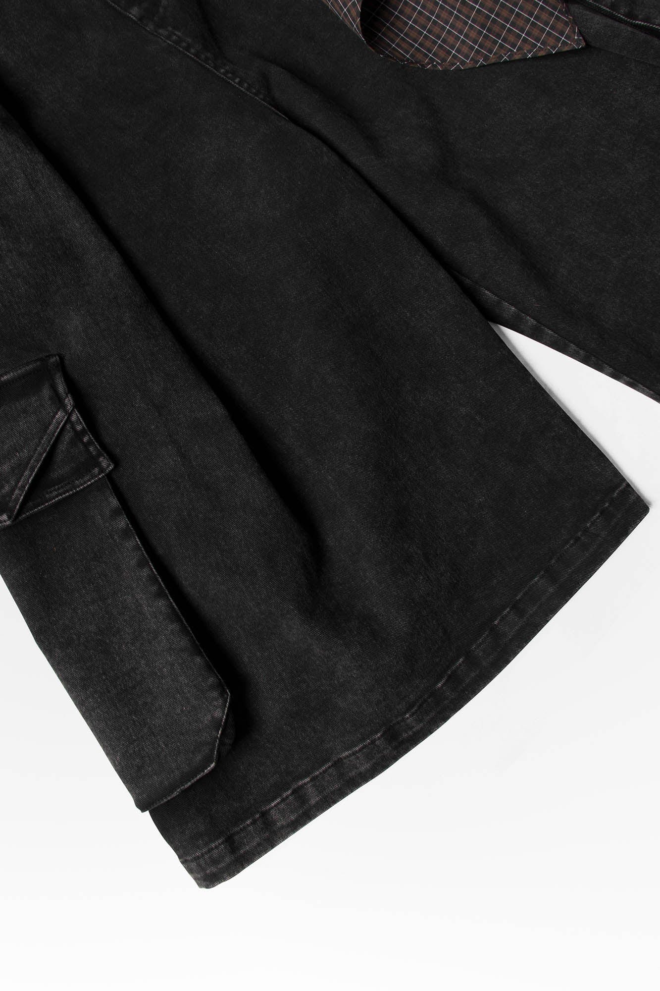 RELABEL Detachable Scarf Washed Multi-Pocket Wide-Leg Shorts Black