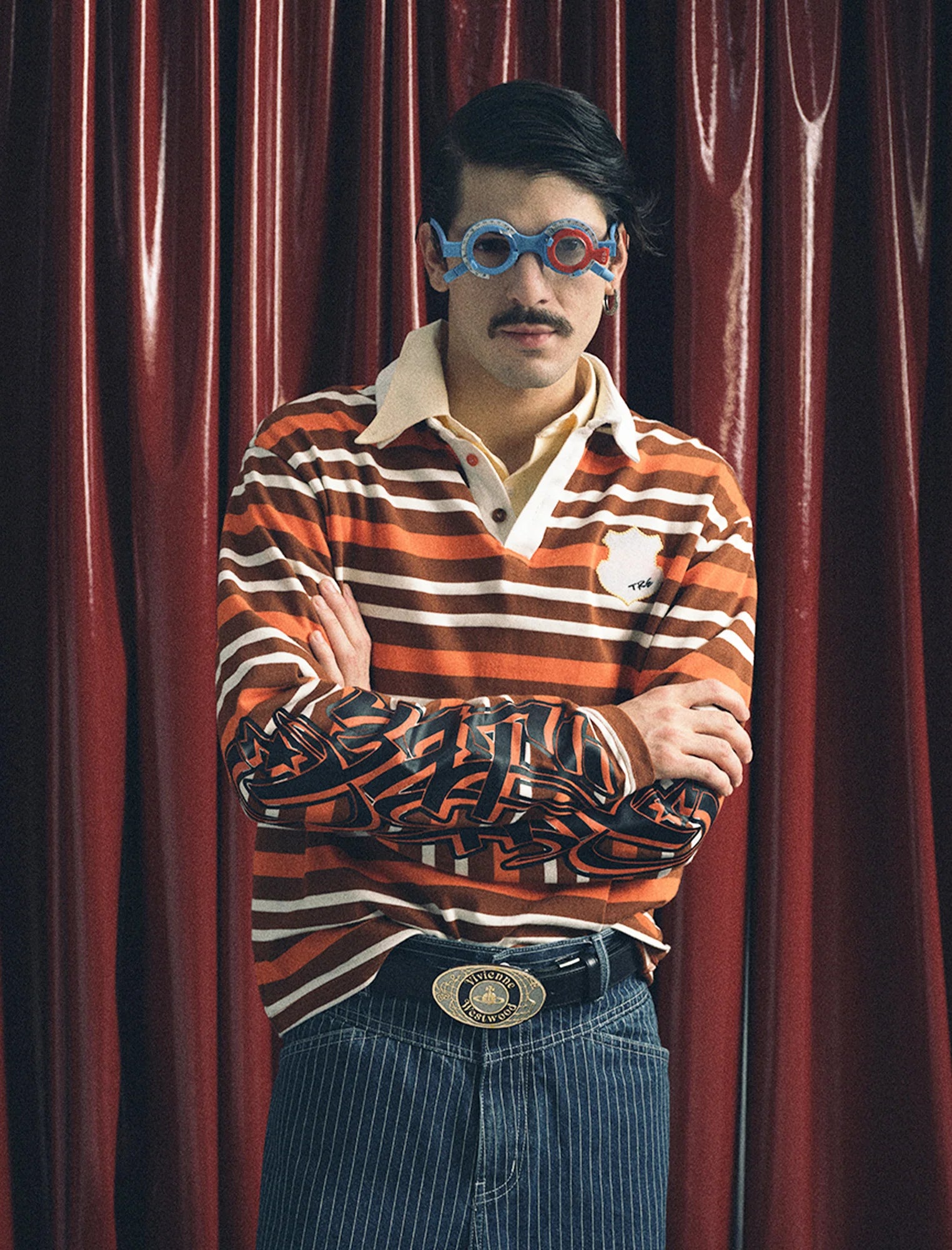 TRECLUB Badge Patch Graphic-Sleeves Striped Long-Sleeve Polo