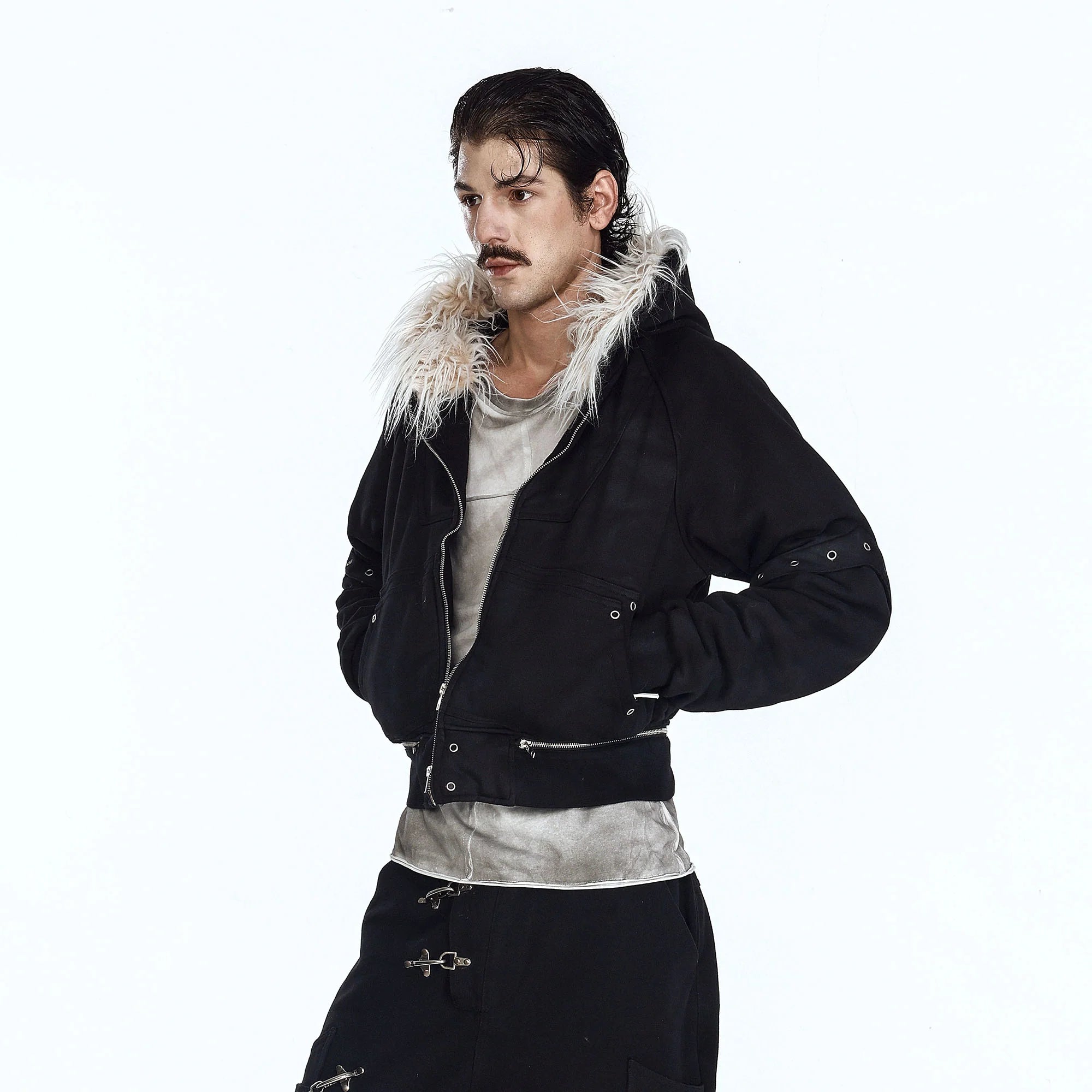 FLYERRER Detachable Faux-Fur Trim Cropped Jacket