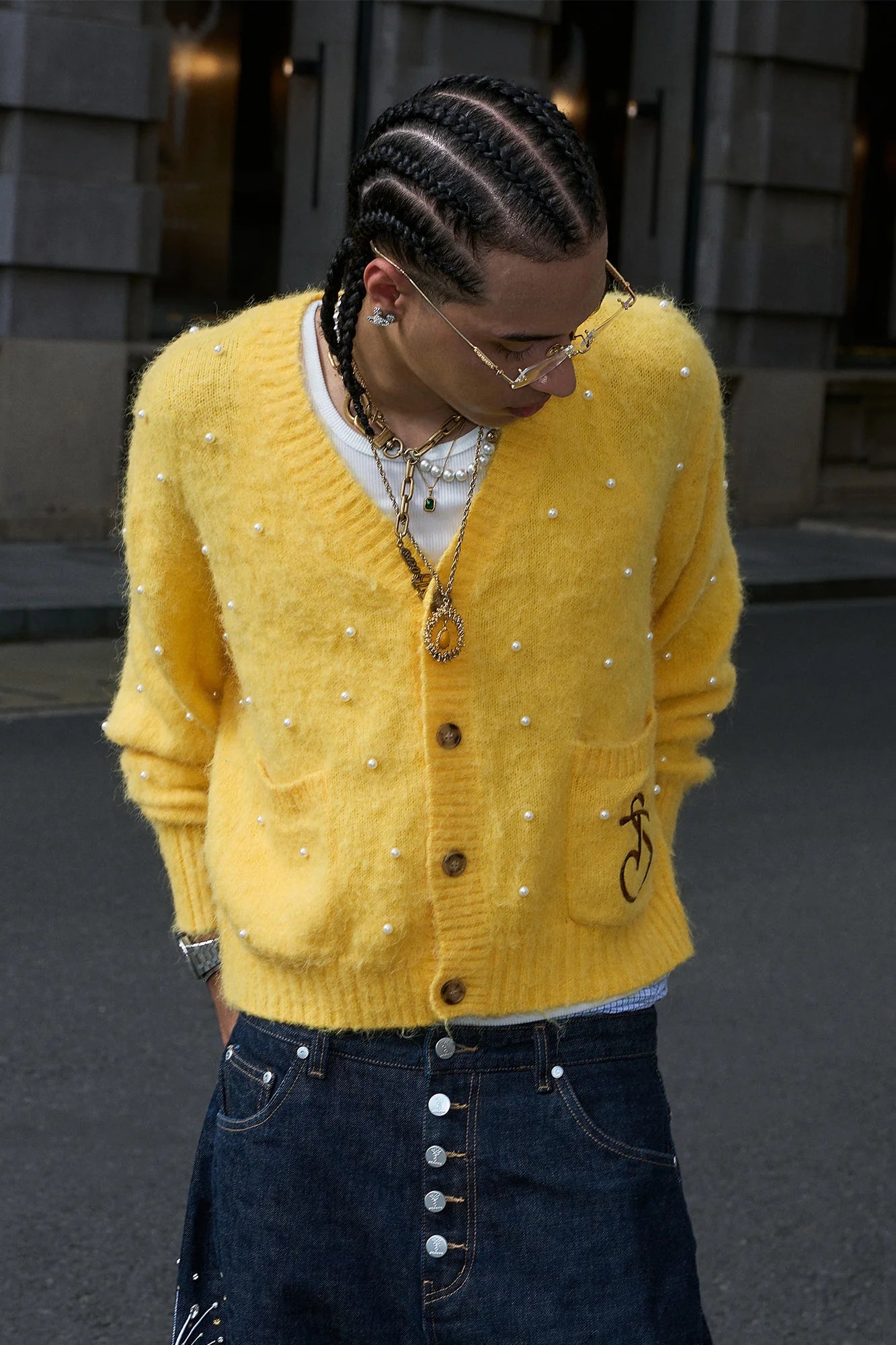STEEPC Pearl-Studded Contrast Elbow Patch Cardigan