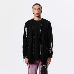 VANN VALRENCE Distressed Frayed Spray V-Neck Cardigan